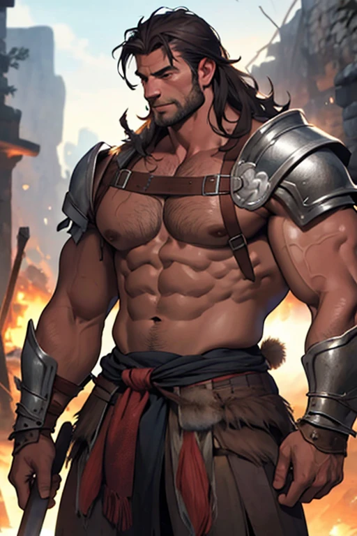 muscular, buff, barbarian, male, wearing armor\