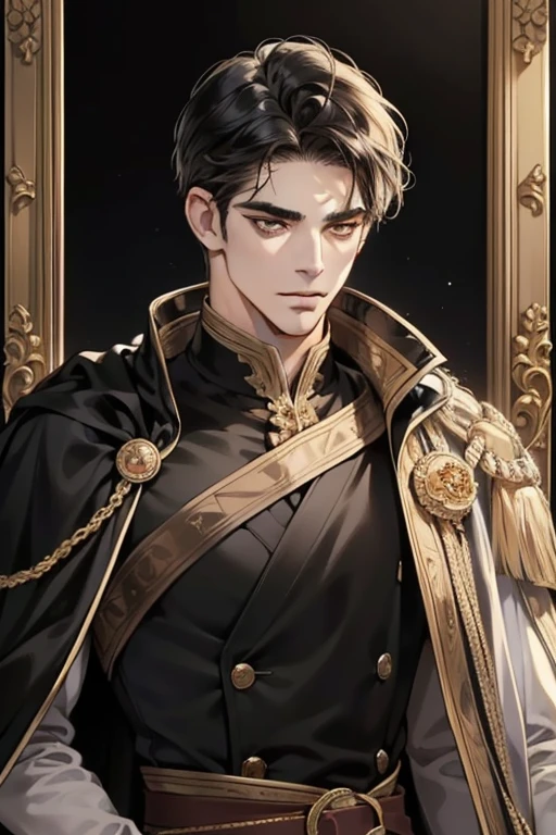masterpiece, best quality, realistic, 1man, mature male, quiet and charming young man, 25years old, a smirk, closed mouth, portrait, extremely detailed face, a little distant, ((dark gold eyes)), ((short-right-swept dark black hair)), [thick eyebrows], dark palace, ((long black cape)), (evil king), ((all black))