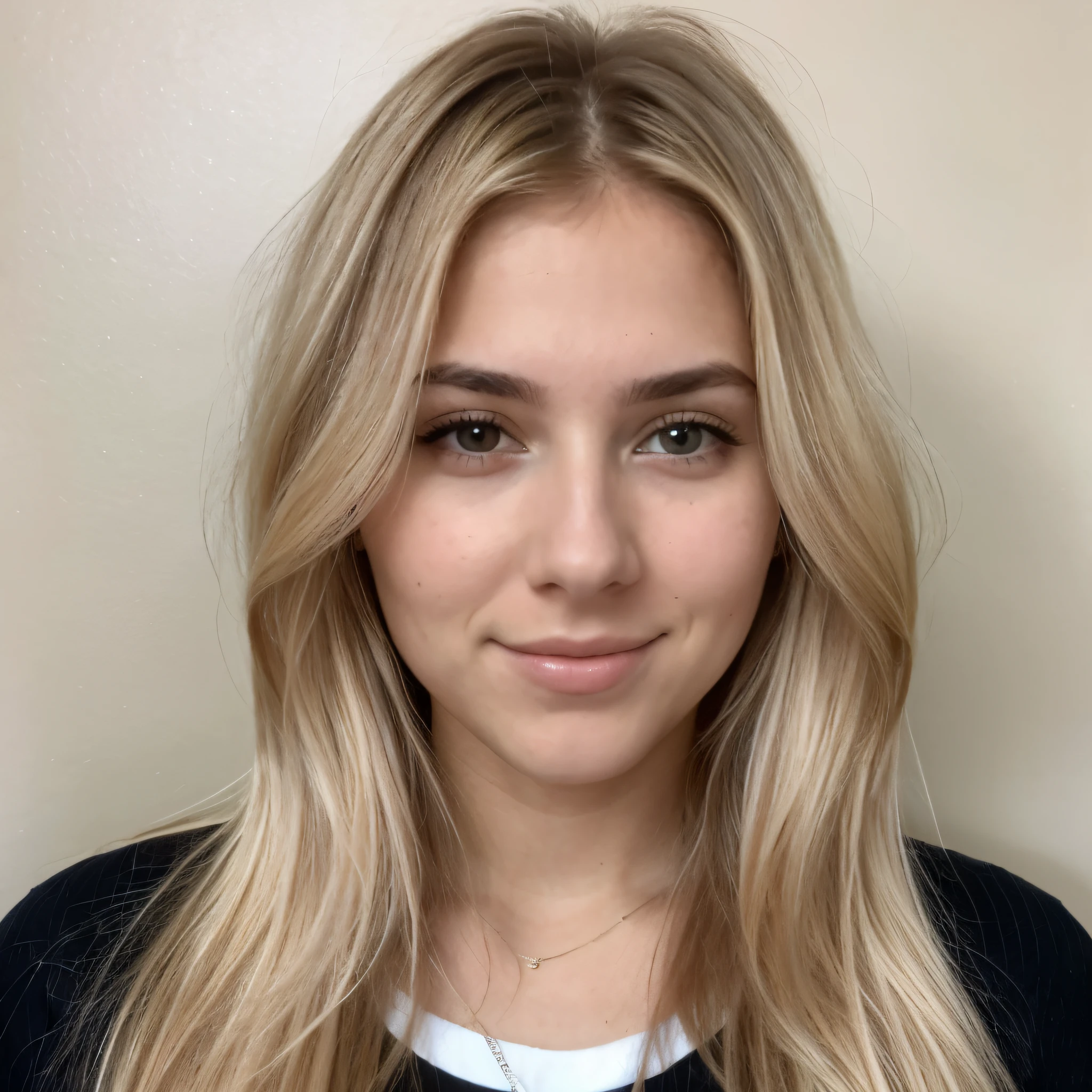 Passport photo of a 23-year-old blonde woman, ((pechos grandes)), ((hiperrealismo)) ,. blonde hair with light brown roots. cabello rubio, Hair with brown roots, cabello extra largo, cabello muy largo, really long hair, Beautiful, Front view, passport photo, photo taken with passport camera, elegant brown sweater, passport photo, high quality, HD, huge breasts, shy, ultraHD