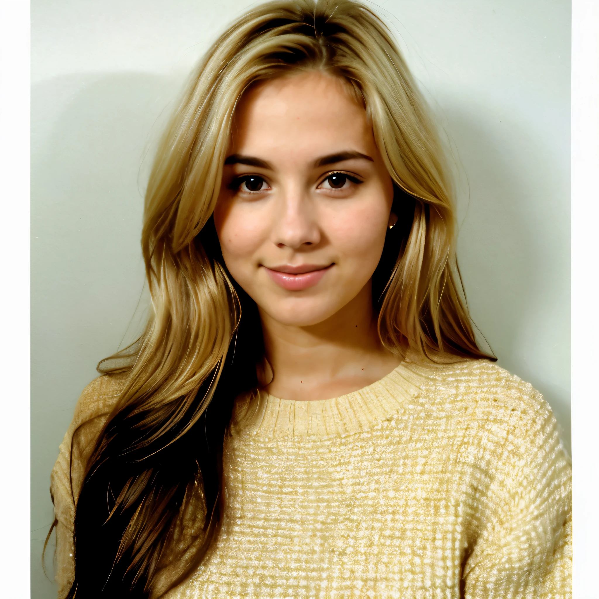 Passport photo of a 23-year-old blonde woman, ((pechos grandes)), ((hiperrealismo)) ,. blonde hair with light brown roots. cabello rubio, Hair with brown roots, cabello extra largo, cabello muy largo, really long hair, Beautiful, Front view, passport photo, photo taken with passport camera, elegant brown sweater, passport photo, high quality, HD, huge breasts, shy, ultraHD