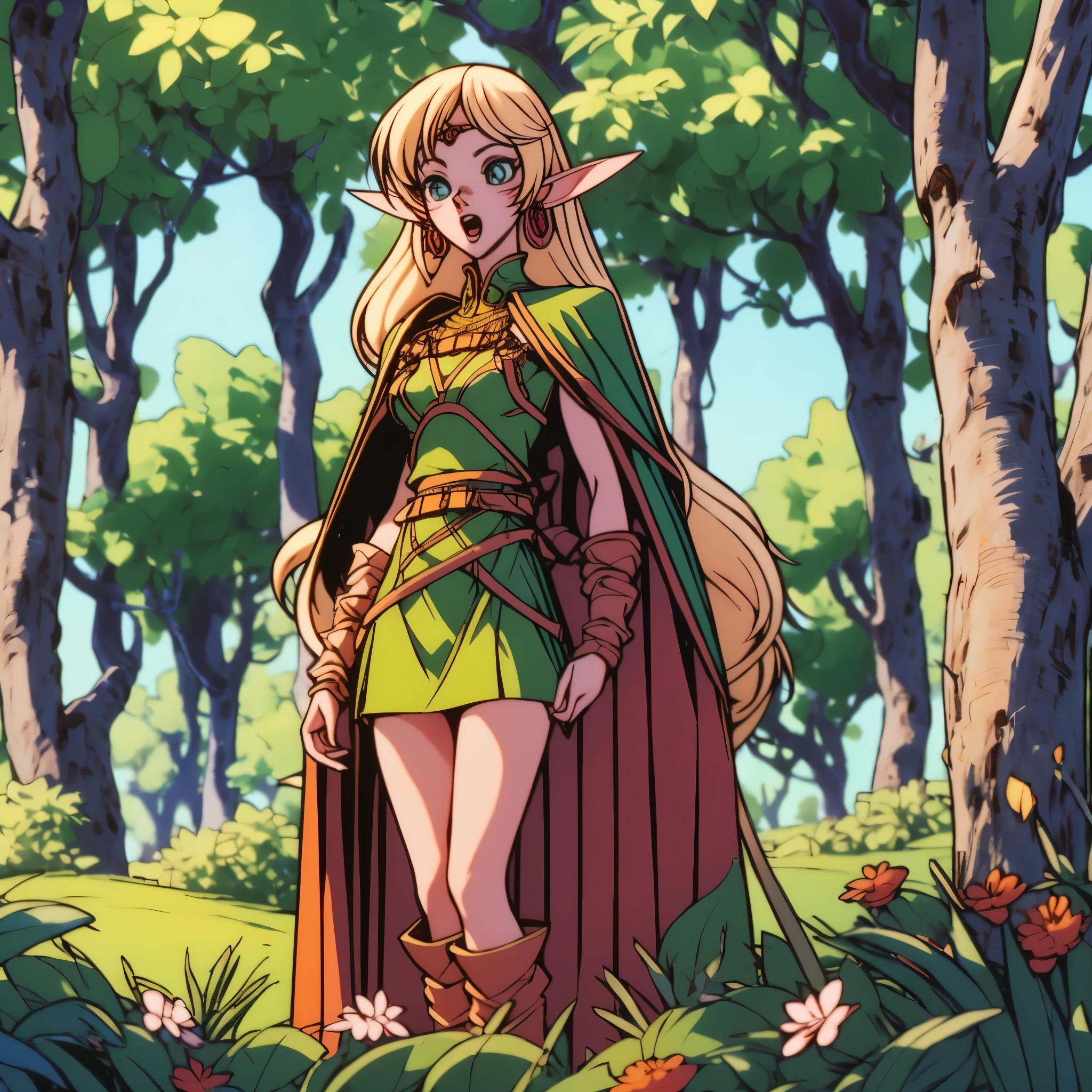 (extremely detailed fine touch:1.2), (natural light, sun light, light rays, dappled light, ray tracing:1.2), mature female , masterpiece, best quality, highly quality , ANI_CLASSIC_deedlit_ownwaifu, www.ownwaifu.com, pointy ears, blonde hair, long hair, elf, circlet, green eyes, long pointy ears, very long hair, breasts, medium breasts, earrings, lips, makeup, bangs, cape, armor, blue cape, shoulder armor, pauldrons, gloves, breastplate, belt, green dress, short dress, looking at viewer, blush, open mouth, standing, (Masterpiece, extremely detailed CG, sharp line),deedlit, offcial art, Colorful, Beautiful Japanese anime style，Extremely detailed eyes and face，Sharp pupils，realistic pupil，In the woods、cabellos largos dorados，ears of elf，Black lace panties，Slender thighs, varies multi etc. --v 6 --s 1000 --c 20 --q 20 --chaos 100