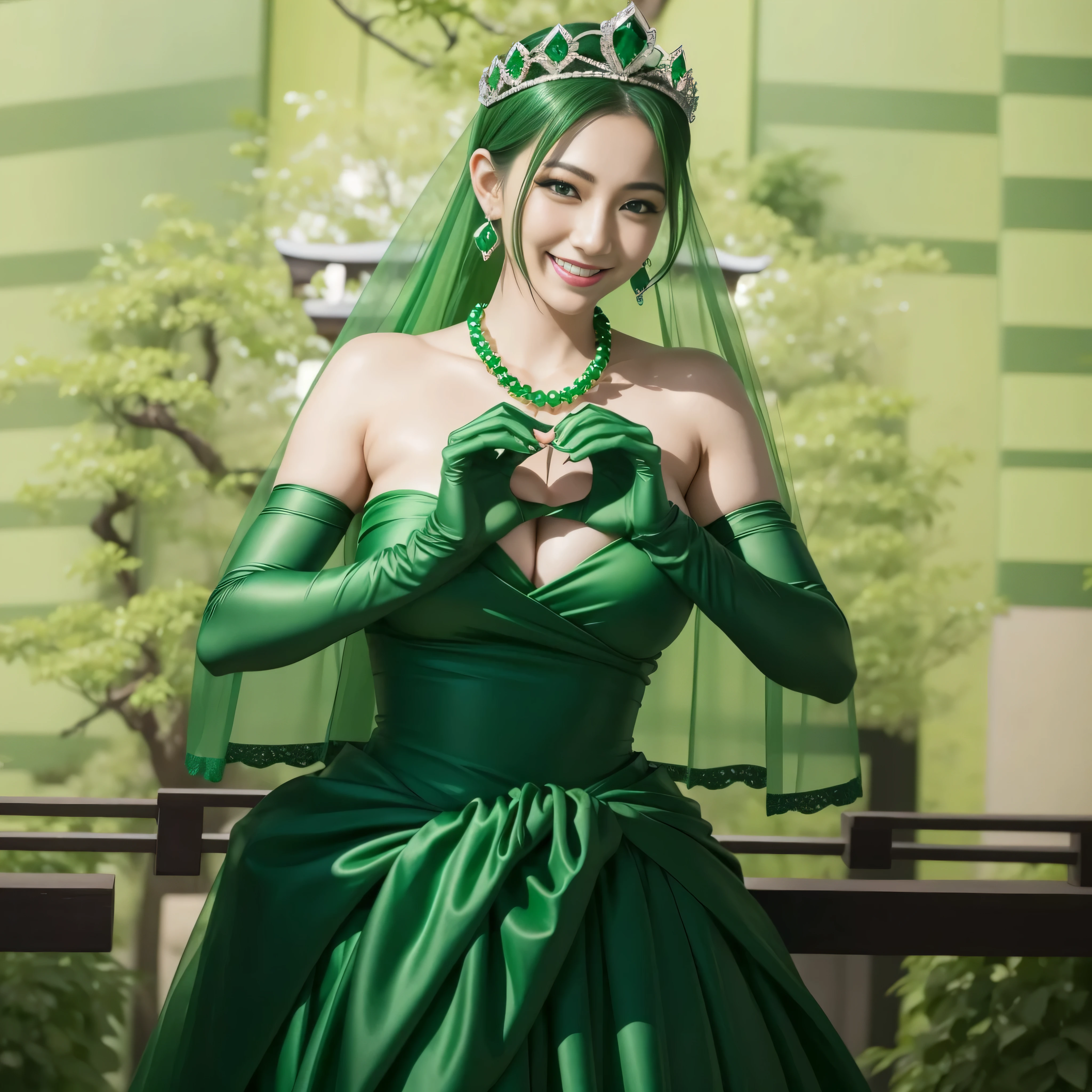 emerald tiara, green pearl necklace, ボーイッシュな非常に短いgreen hair, lipstick, smiling Japanese woman, very short hair, Beauty with large breasts, green eyes, Long Green Satin Gloves, green eyes, emerald earrings, green veil, heart with both hands, green hair, Beautiful Japan woman in her 30s, heart shaped hand:1.3