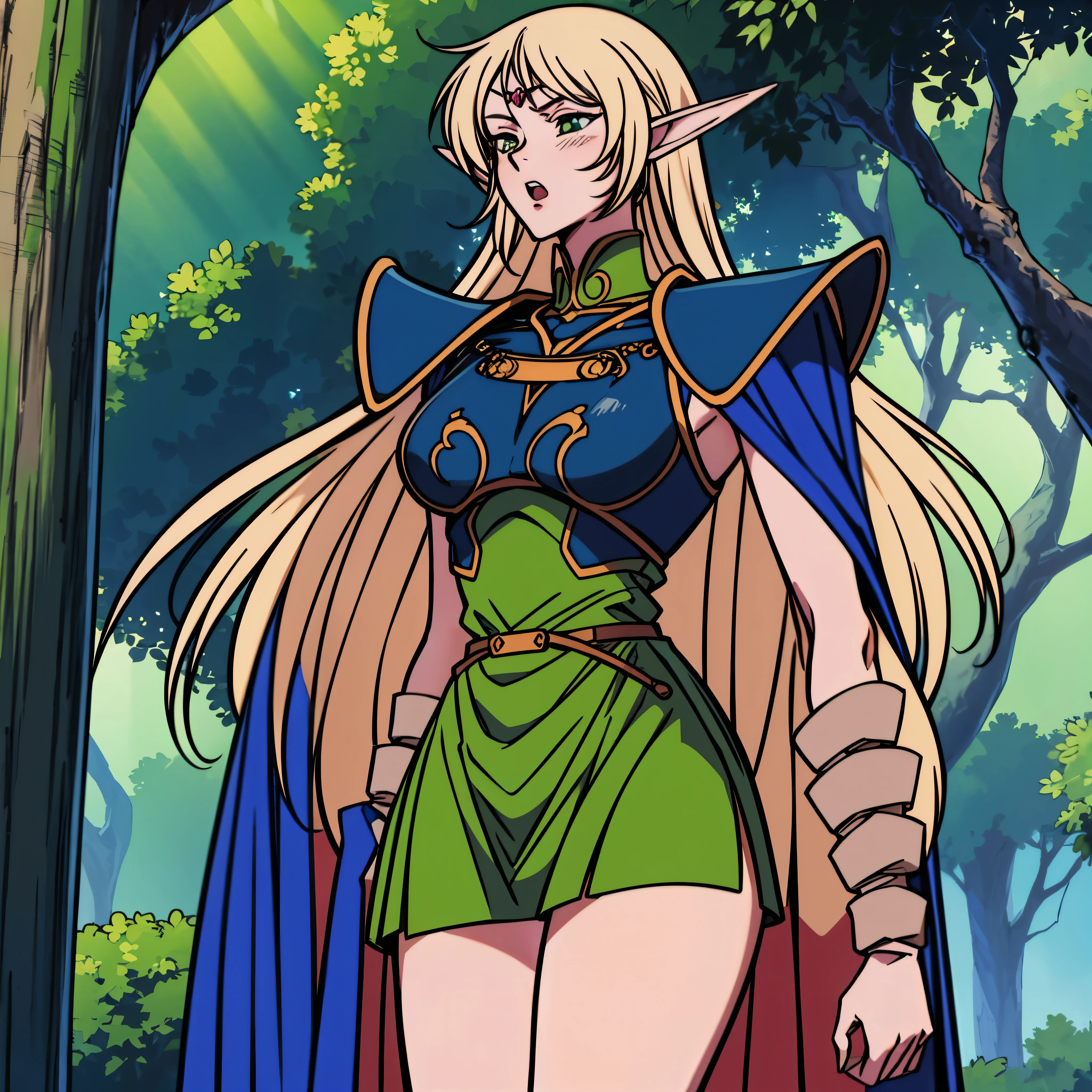 (extremely detailed fine touch:1.2), (natural light, sun light, light rays, dappled light, ray tracing:1.2), mature female , masterpiece, best quality, highly quality , ANI_CLASSIC_deedlit_ownwaifu, www.ownwaifu.com, pointy ears, blonde hair, long hair, elf, circlet, green eyes, long pointy ears, very long hair, breasts, medium breasts, earrings, lips, makeup, bangs, cape, armor, blue cape, shoulder armor, pauldrons, gloves, breastplate, belt, green dress, short dress, looking at viewer, blush, open mouth, standing, (Masterpiece, extremely detailed CG, sharp line),deedlit, offcial art, Colorful, Beautiful Japanese anime style，Extremely detailed eyes and face，Sharp pupils，realistic pupil，In the woods、cabellos largos dorados，ears of elf，Black lace panties，Slender thighs, varies multi etc. --v 6 --s 1000 --c 20 --q 20 --chaos 100