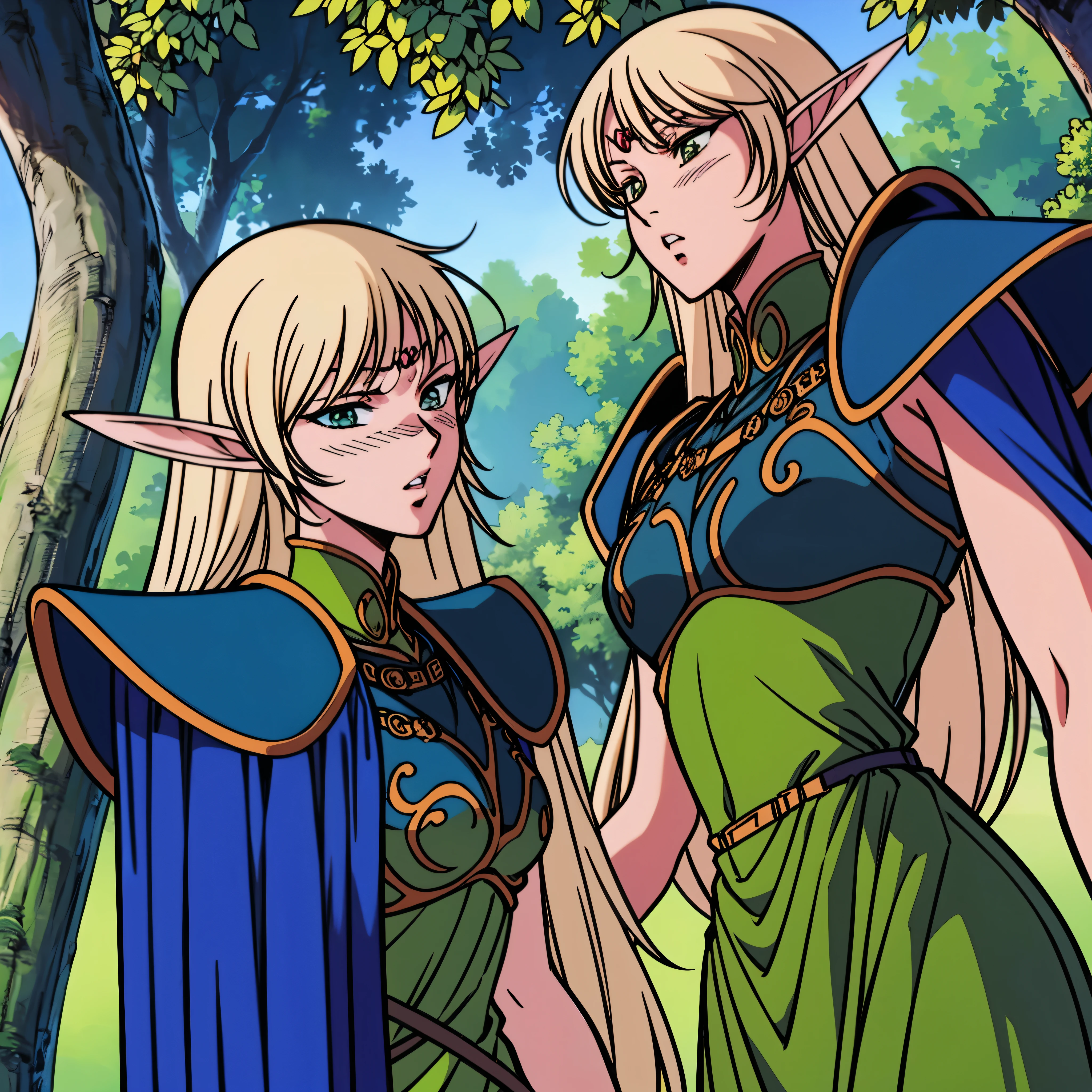 (extremely detailed fine touch:1.2), (natural light, sun light, light rays, dappled light, ray tracing:1.2), mature female , masterpiece, best quality, highly quality , ANI_CLASSIC_deedlit_ownwaifu, www.ownwaifu.com, pointy ears, blonde hair, long hair, elf, circlet, green eyes, long pointy ears, very long hair, breasts, medium breasts, earrings, lips, makeup, bangs, cape, armor, blue cape, shoulder armor, pauldrons, gloves, breastplate, belt, green dress, short dress, looking at viewer, blush, open mouth, standing, (Masterpiece, extremely detailed CG, sharp line),deedlit, offcial art, Colorful, Beautiful Japanese anime style，Extremely detailed eyes and face，Sharp pupils，realistic pupil，In the woods、cabellos largos dorados，ears of elf，Black lace panties，Slender thighs, varies multi etc. --v 6 --s 1000 --c 20 --q 20 --chaos 100