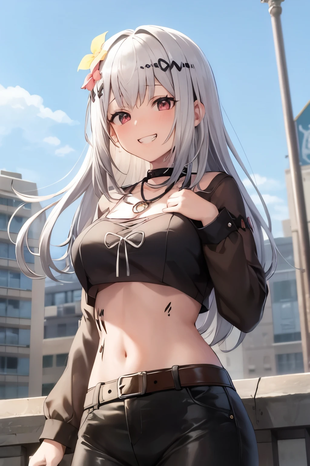 masterpiece, Best quality, slang, 1 girl, grin,necklace,crop top, long sleeves, belt,shirt, on open air,Hands behind your back
