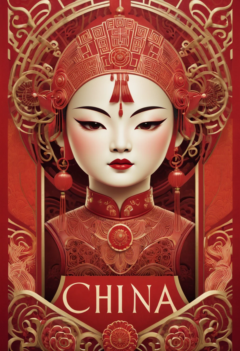 Txt that says, "China".Chinese art deco, year 2040, subtle zentangled art deco, cinematic, red.....by my self....lol....