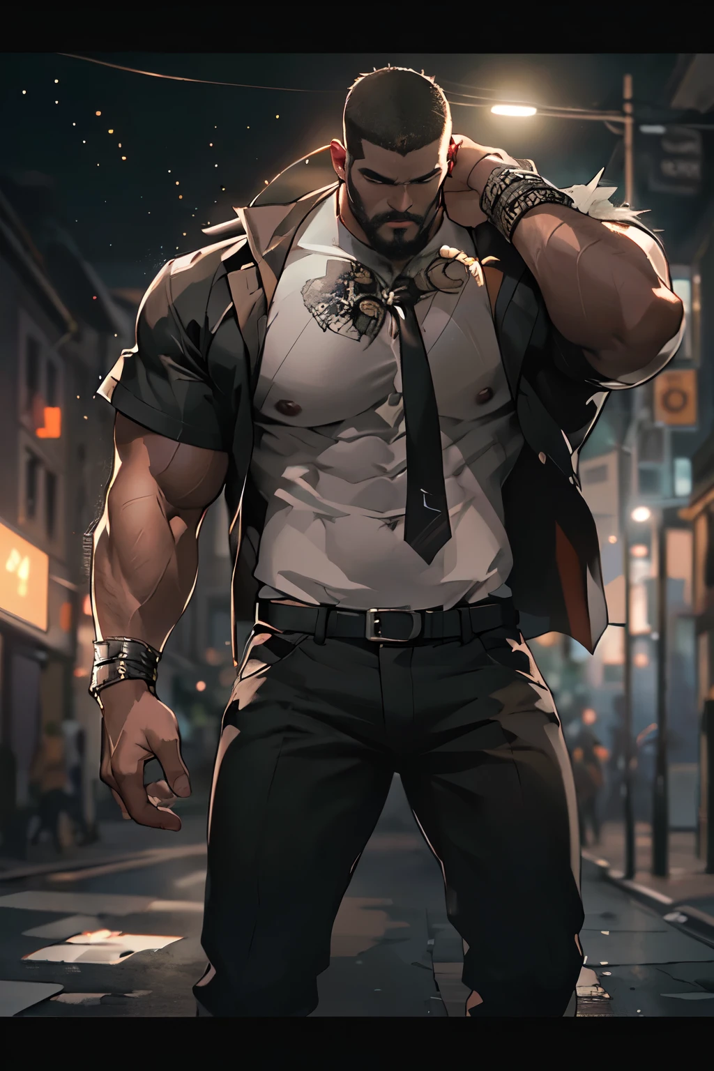 homem musculoso, barbudo, Jovem, Jovem adult, Enorme, ombros grandes, chunk, apenas, Camisa preta, Capuz aberto, big arms, ((bokeh claro)), Intricado, elegante, sharp focus, foto de Greg Rutkowski, soft lighting, cores vibrantes, (obra de arte), ((ruas)), (rosto detalhado), olhando para o espectador, olhos laranja, olhos brilhantes, tiro de vaqueiro, retrato de meio corpo, trovoada