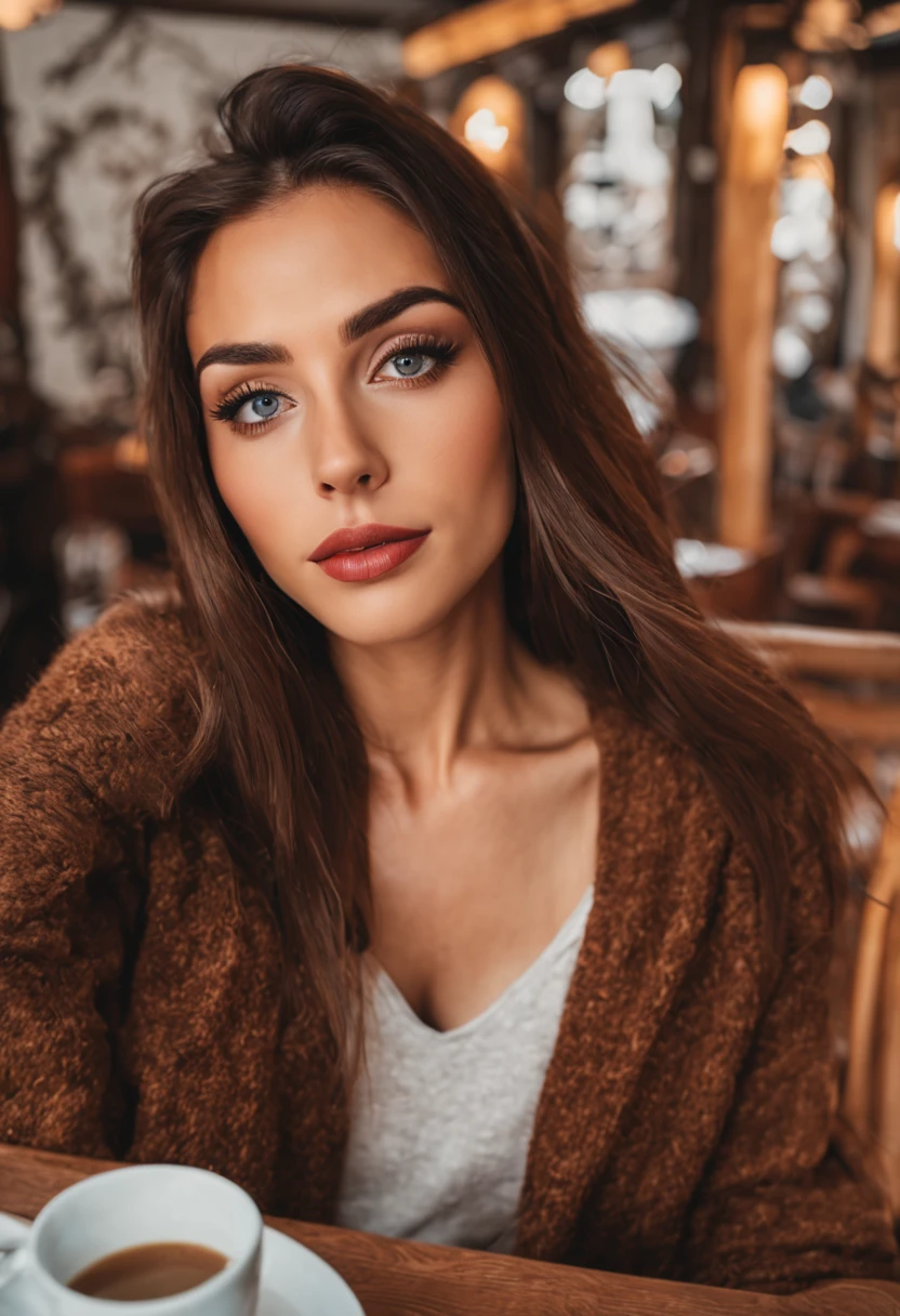 Photo of a 20 year old brunette woman., que tiene una cara muy natural,  labios delgados, ojos delgados, cejas finas, nariz fina, pendientes, long eyelashes. She takes a cute selfie in a cafe. 16k