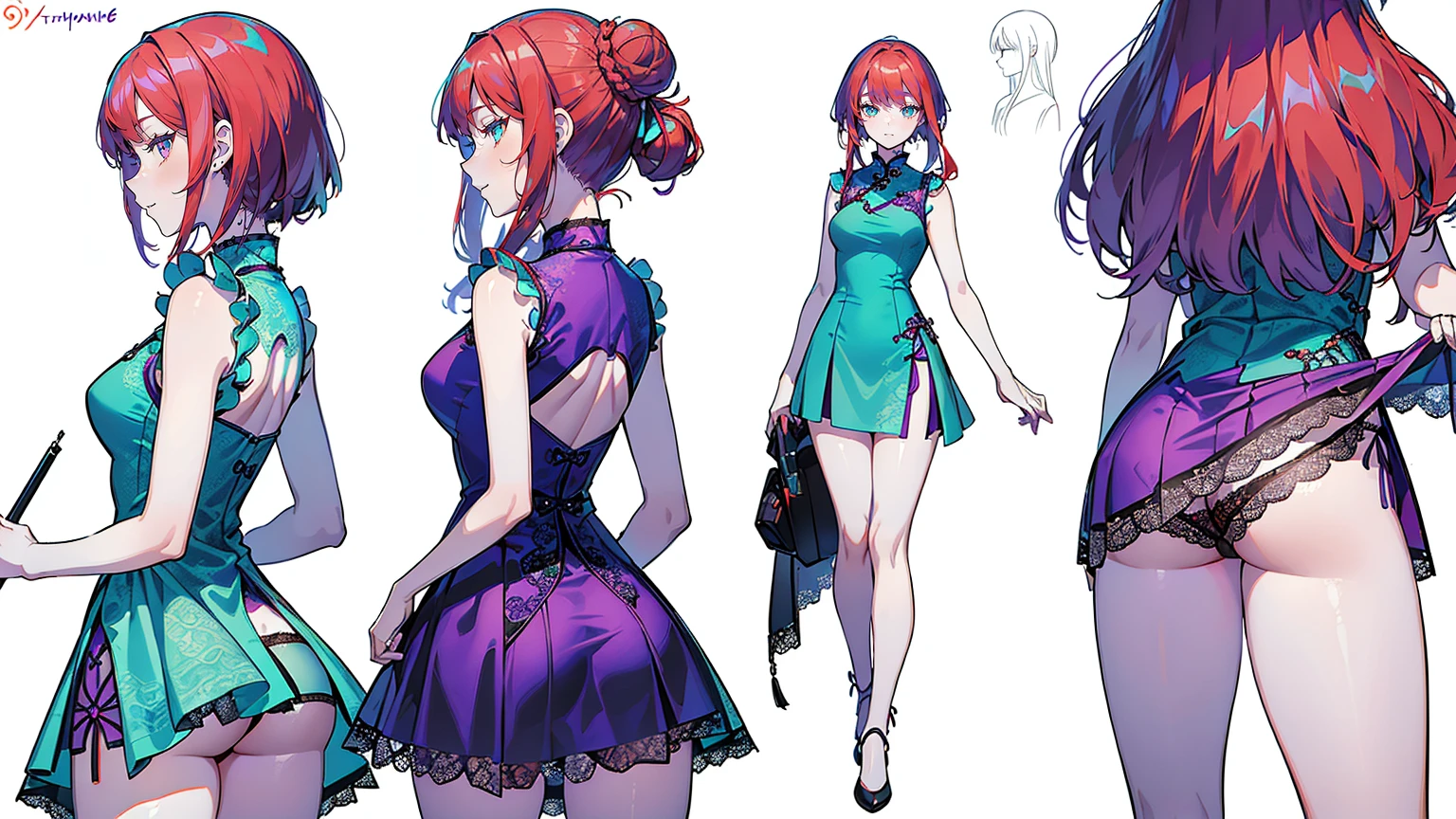 ((Best Quality)), ((Masterpiece)), ((Realistic)) 19 year old, redhead girl, shoulder length hair, relaxed happy face ((slender)) (busty), ((( cheongsam turquoise lace dress))) (((mini skirt))) ((up skirt)) ((purple thong)) ((sexy dress)) bun hairstyle (((detailed character sheet, frontal view, side view, three quarter view))) (((white background))) 6 and a half heads full body