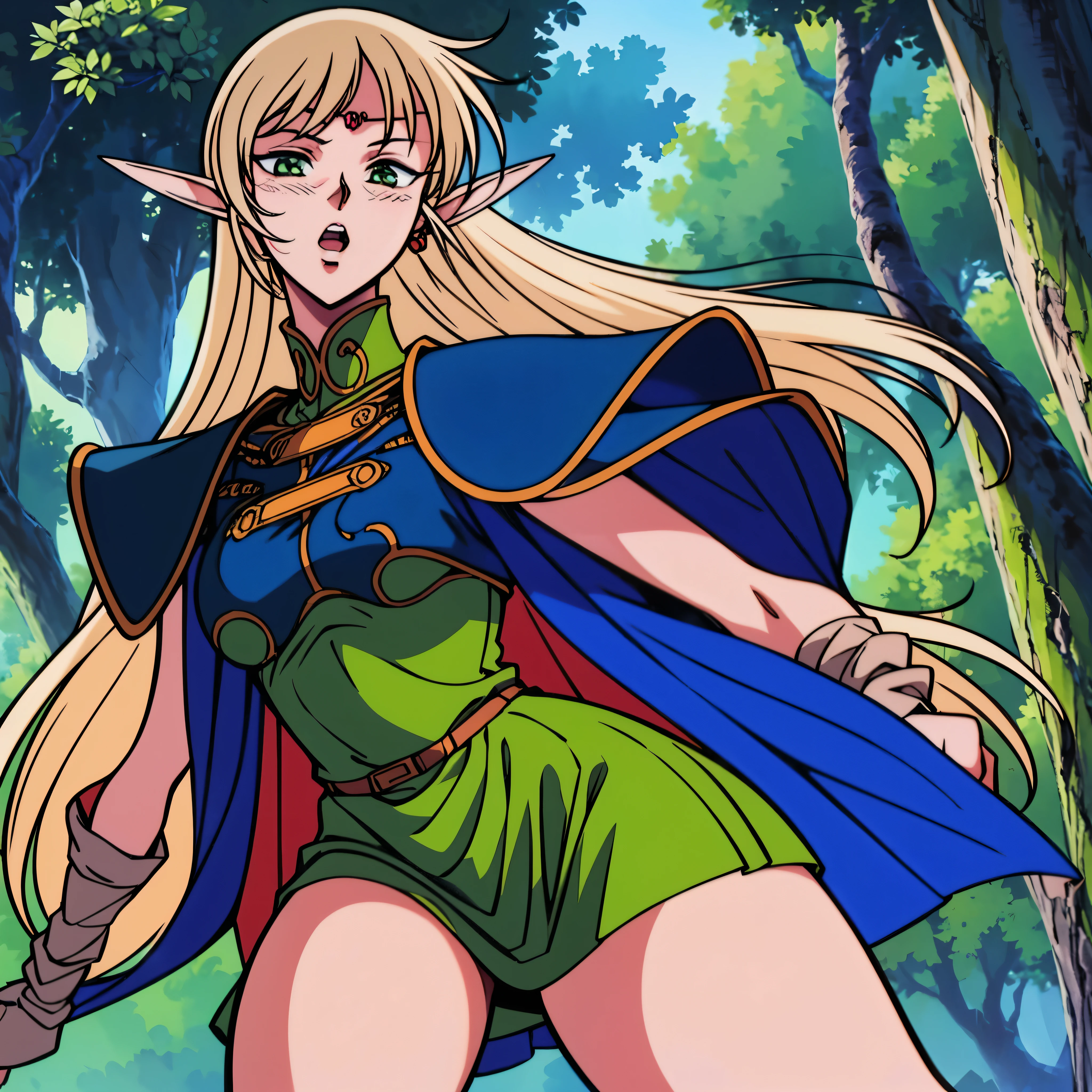 (extremely detailed fine touch:1.2), (natural light, sun light, light rays, dappled light, ray tracing:1.2), mature female , masterpiece, best quality, highly quality , ANI_CLASSIC_deedlit_ownwaifu, www.ownwaifu.com, pointy ears, blonde hair, long hair, elf, circlet, green eyes, long pointy ears, very long hair, breasts, medium breasts, earrings, lips, makeup, bangs, cape, armor, blue cape, shoulder armor, pauldrons, gloves, breastplate, belt, green dress, short dress, looking at viewer, blush, open mouth, standing, (Masterpiece, extremely detailed CG, sharp line),deedlit, offcial art, Colorful, Beautiful Japanese anime style，Extremely detailed eyes and face，Sharp pupils，realistic pupil，In the woods、cabellos largos dorados，ears of elf，Black lace panties，Slender thighs, varies multi etc. --v 6 --s 1000 --c 20 --q 20 --chaos 100