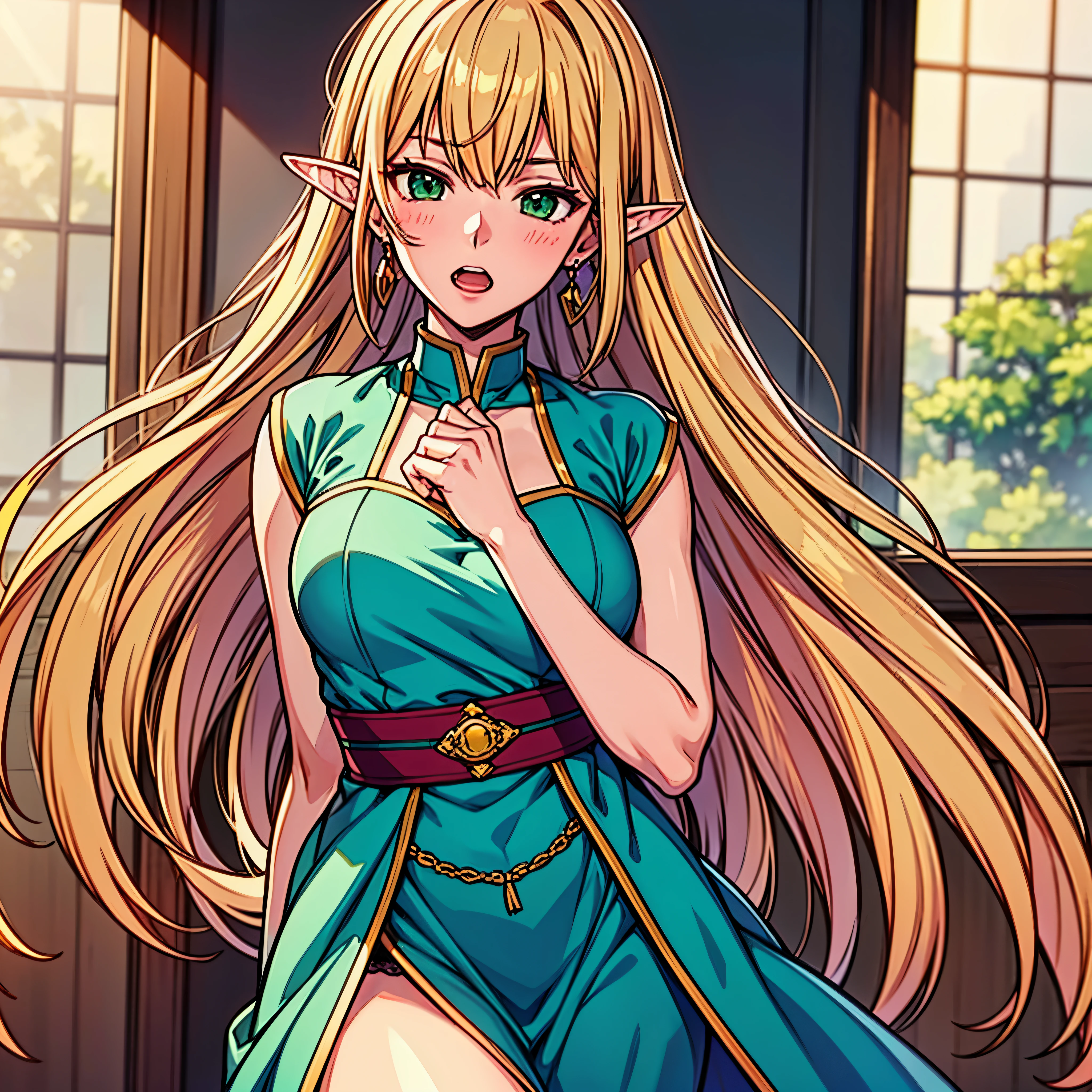 (extremely detailed fine touch:1.2), (natural light, sun light, light rays, dappled light, ray tracing:1.2), mature female , masterpiece, best quality, highly quality , ANI_CLASSIC_deedlit_ownwaifu, www.ownwaifu.com, pointy ears, blonde hair, long hair, elf, circlet, green eyes, long pointy ears, very long hair, breasts, medium breasts, earrings, lips, makeup, bangs, cape, armor, blue cape, shoulder armor, pauldrons, gloves, breastplate, belt, green dress, short dress, looking at viewer, blush, open mouth, standing, (Masterpiece, extremely detailed CG, sharp line),deedlit, offcial art, Colorful, Beautiful Japanese anime style,Extremely detailed eyes and face,Sharp pupils,realistic pupil,In the woods、cabellos largos dorados,ears of elf,Black lace panties,Slender thighs, varies multi etc. --v 6 --s 1000 --c 20 --q 20 --chaos 100