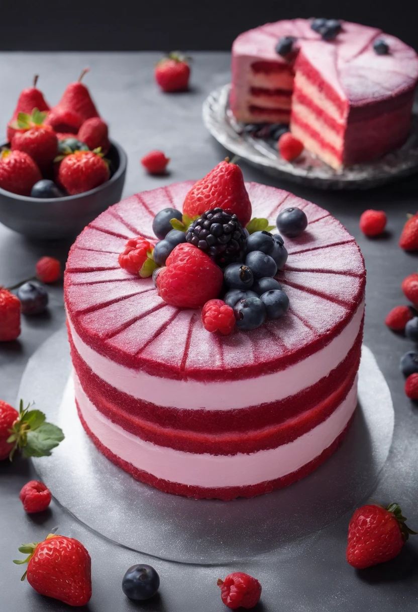 Un délicieux gâteau aux fruits rouges et bijoux, dimands rouges, atmosphère cyberpunk, cinématique, Photographie professionnelle, éclairage de studio, fond de studio, photographie publicitaire, détails complexes, hyper détaillé, ultra réaliste, 8k