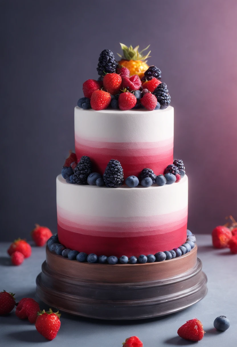 Un délicieux gâteau aux fruits rouges et bijoux, dimands rouges, atmosphère cyberpunk, cinématique, Photographie professionnelle, éclairage de studio, fond de studio, photographie publicitaire, détails complexes, hyper détaillé, ultra réaliste, 8k
