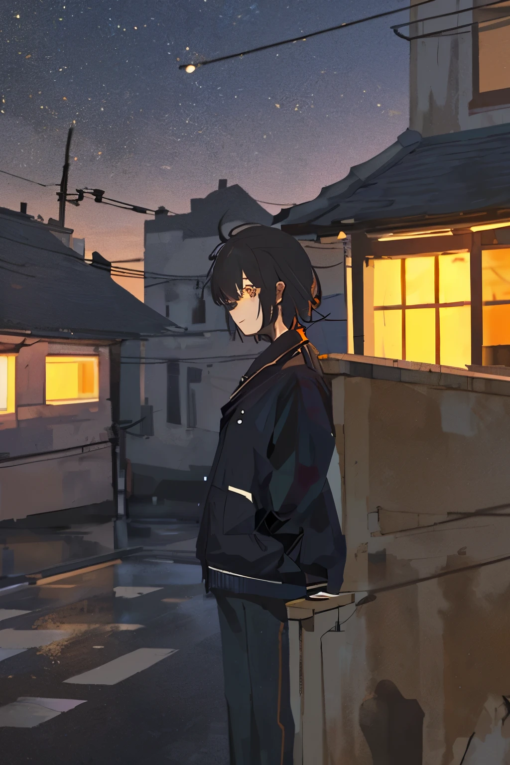 An urban scene at dusk, depicted in the manga or anime style, showcases a solitary figure leaning on the parapet of a rooftop. The figure, cloaked in a worn jacket and faded pants, gazes out at the horizon with an expression concealed behind a patch of gray oblivion, obscuring their face. Surrounding the figure are several residential structures with their windows aglow and pitched rooftops, their forms outlined against the twilight sky. The backdrop boasts an enchanting gradient of colors, transitioning from the deep hues of nightfall to the vibrant shades of sunset, touching upon the yellows and oranges. The atmosphere is heavy