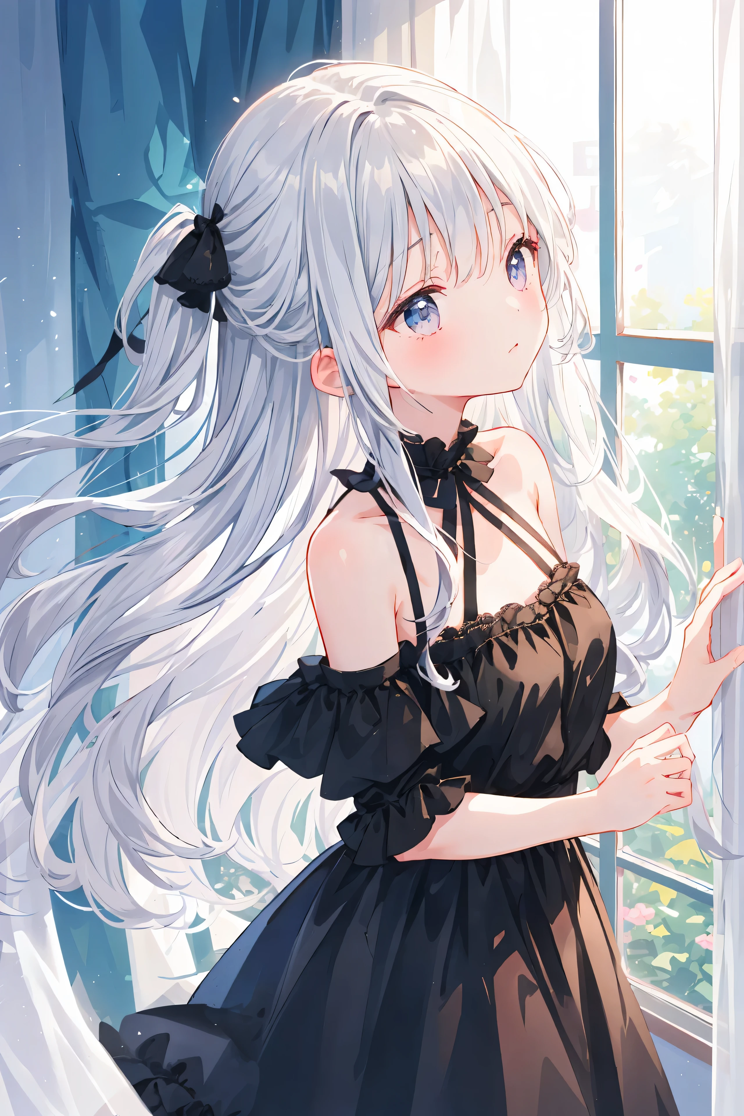 Silver-haired blue eyes、 girl、Small breasts、Twin tails、Laughter、Nico Nico Smile、Wink、 girl、Looks about 、Petan Musume、short、There are highlights in the eyes、Gal-like appearance、Wearing piercings、She leans forward and seduces、Wear light clothing、It's very hot and I'm sweating