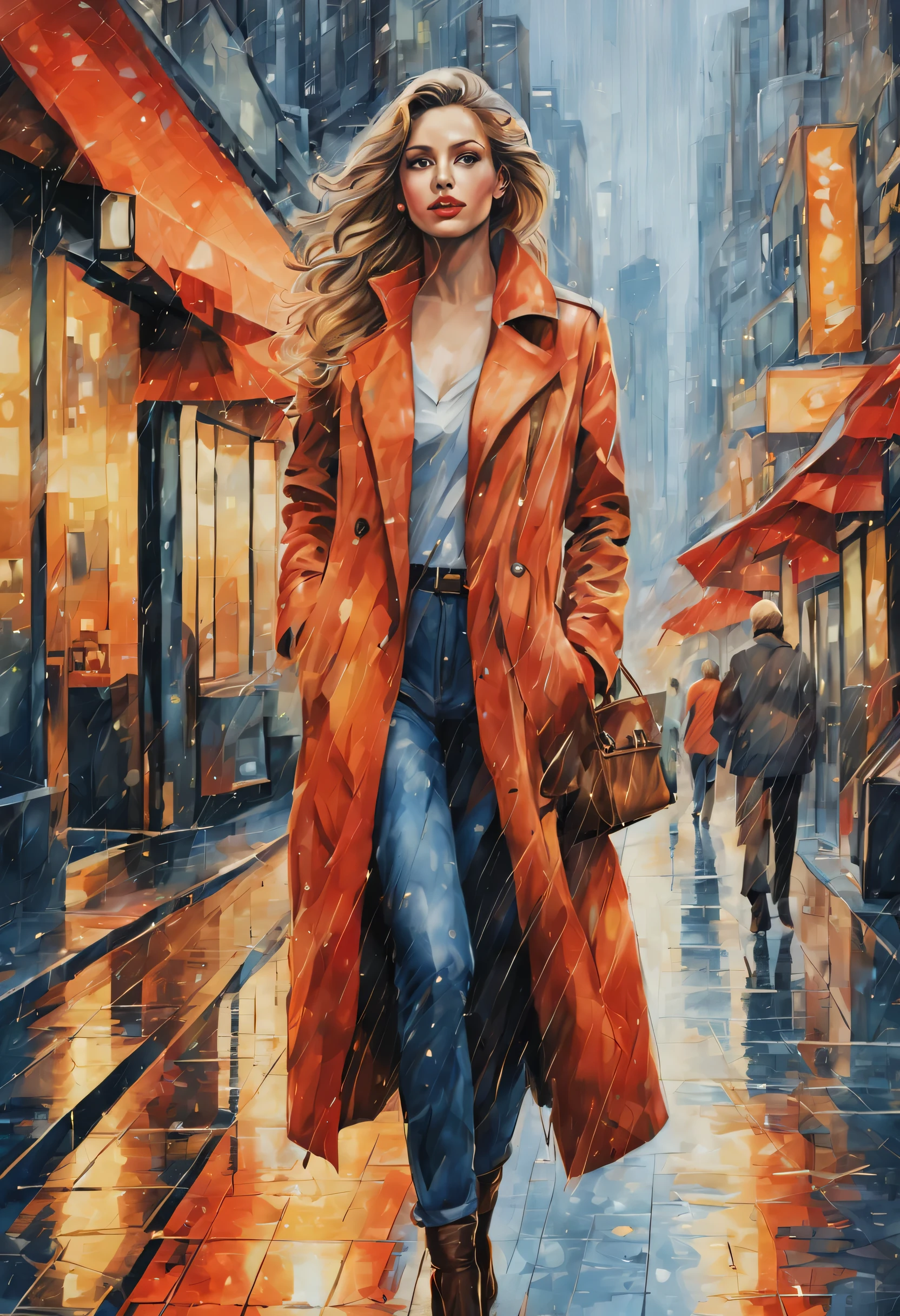 (Best quality,a high resolution,masterpiece:1.2),ultra detailed,Realistic,photoRealistic:1.37,city rain,beautiful elegant woman walking around the city, Detailed eyes,detailed lips, Detailed face, long eyelashes, Elegant appearance, confident and calm, wear a stylish coat, Walking gracefully, surrounded by modern buildings, wet streets reflect light, Vibrant cityscape, soft and cool color tone, gentle city lights, light raindrops falling from the sky, creating a calm and peaceful atmosphere