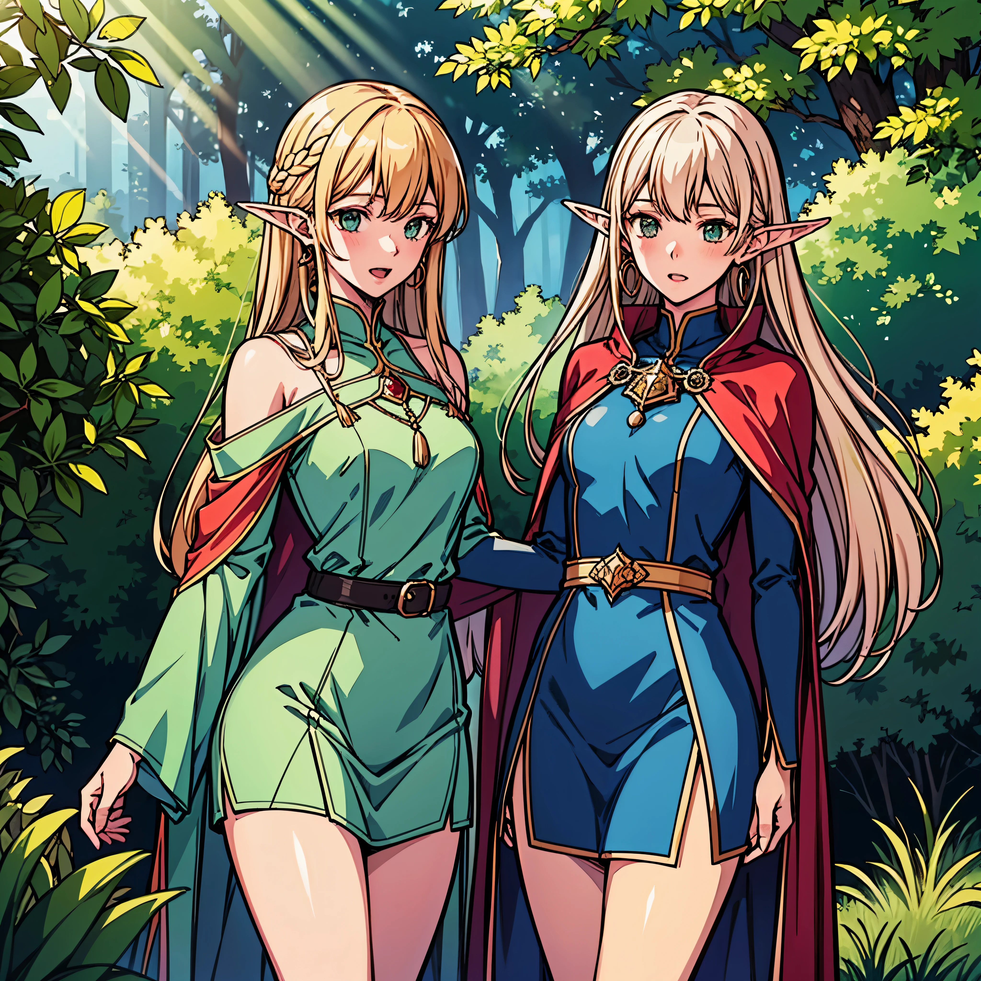 (extremely detailed fine touch:1.2), (natural light, sun light, light rays, dappled light, ray tracing:1.2), mature female , masterpiece, best quality, highly quality , ANI_CLASSIC_deedlit_ownwaifu, www.ownwaifu.com, pointy ears, blonde hair, long hair, elf, circlet, green eyes, long pointy ears, very long hair, breasts, medium breasts, earrings, lips, makeup, bangs, cape, armor, blue cape, shoulder armor, pauldrons, gloves, breastplate, belt, green dress, short dress, looking at viewer, blush, open mouth, standing, (Masterpiece, extremely detailed CG, sharp line),deedlit, offcial art, Colorful, Beautiful Japanese anime style,Extremely detailed eyes and face,Sharp pupils,realistic pupil,In the woods、cabellos largos dorados,ears of elf,Black lace panties,Slender thighs, varies multi etc. --v 6 --s 1000 --c 20 --q 20 --chaos 100