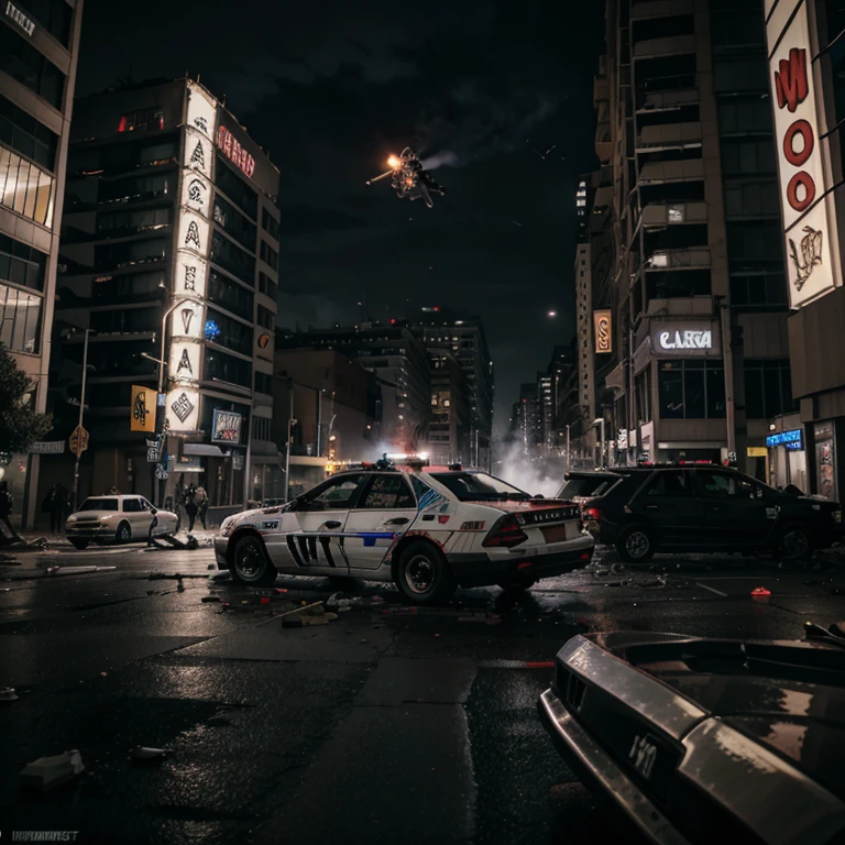 night, new york abandoned city, zombie apocalypse, resident evil aesthetic, smoke, flames, police, police cars