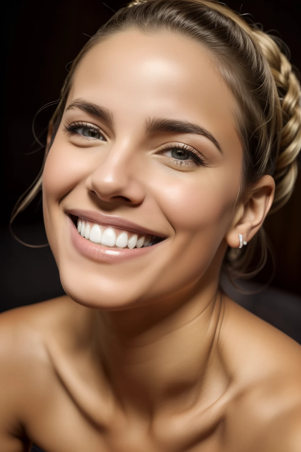 RAW photo in sequence, uma fotografia de uma mulher caucasiana, ((selfie de perfil, ela olhando direitamente para frente, the entire head appears until part of the chest)), sorrindo. Essa imagem tem uma linha limpa com um design que divide exatamente meio rosto dela. Do lado esquerdo, ela tem dentes muito engarrafados e levemente amareloados. Do lado direito, ela tem uma sorriso com dentes brancos e alinhados.
This sequence of RAW photos captures an image of a Caucasian woman