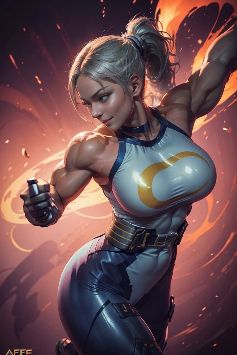 Arafe woman solo with ponytail hair、Fighting Game Fighter、Fitness Model、Big breasts about to burst、No exposed skin、Metallic Light Rainbow Combat Suit、thin and long legs,、Fitness Body Shape、half-pants、White belt、Pose ready to fight、Mischievous smile