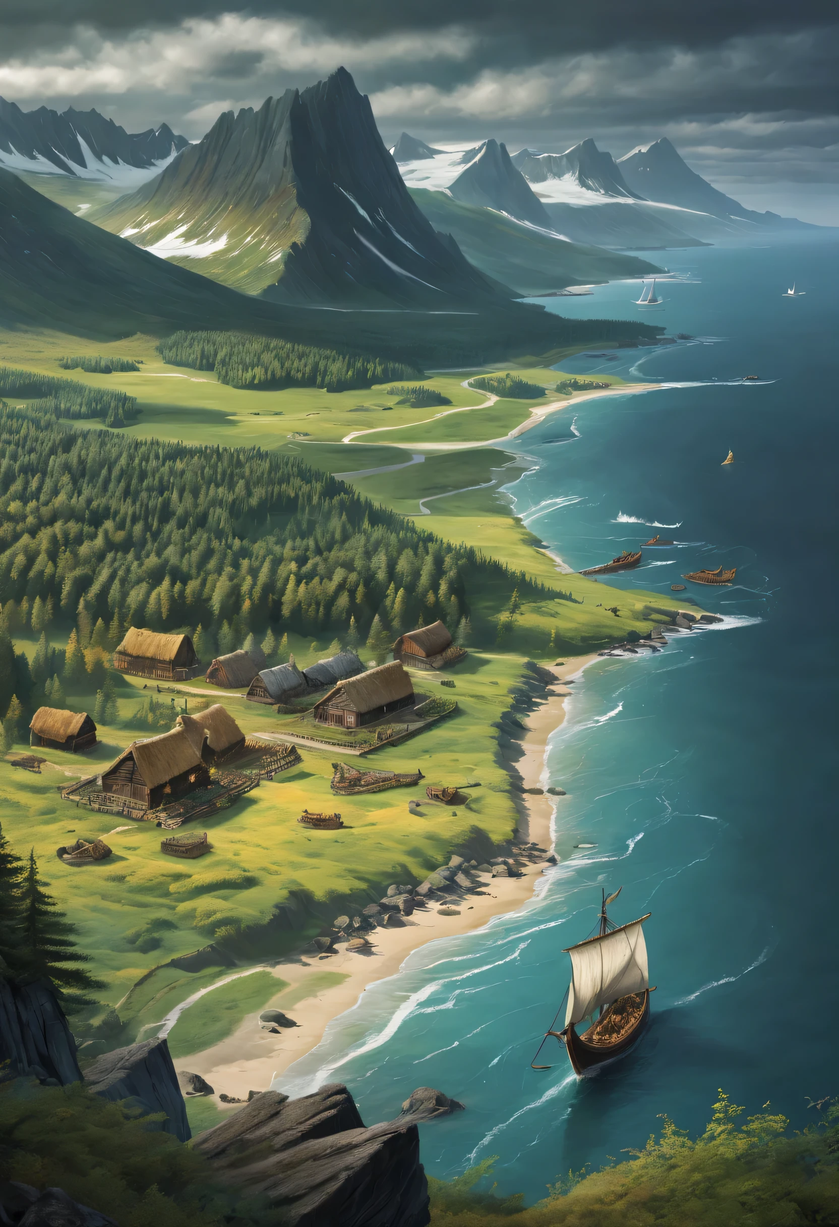 Vikings on the east coast of North America.
contexto:
Time and situation: Siglo 11, exploration of the east coast of North America by the Vikings. Visual representation of the Vikings interacting with the new land..
Illustration details:
Encuentros con la Naturaleza:
Detailed scene showing Vikings encountering the North American wilderness., explorando bosques, rivers, y terreno desconocido.
Intercambios con poblaciones locales:
Visual representation of the Vikings interacting with local populations., whether through friendly exchanges or cultural encounters, destacando la diversidad de la nueva tierra.
Exploration of new territories:
Focus on the Vikings' exploration of new territories., showing curiosity and bravery in pursuit of opportunities and resources on the east coast of North America.
Estilo y calidad realistas:
Visually authentic and realistic style that reflects Viking exploration in America., utilizando colores y detalles precisos para transmitir una experiencia visualmente impresionante.
Illustration position:
Composition highlighting intrepid Viking exploration on the east coast of North America, offering a realistic view of your interaction with the new earth.