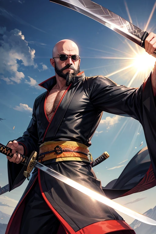bald guy with black beard and sunshades wearing a kimono holding a katana