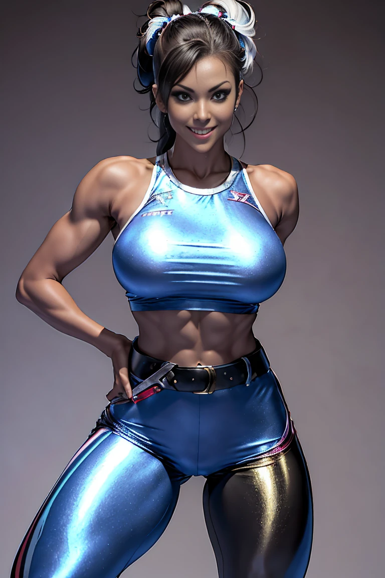 Arafe woman solo with ponytail hair、Fighting Game Fighter、Fitness Model、Big breasts about to burst、No exposed skin、Metallic Light Rainbow Combat Suit、thin and long legs,、Fitness Body Shape、half-pants、White belt、Pose ready to fight、Mischievous smile