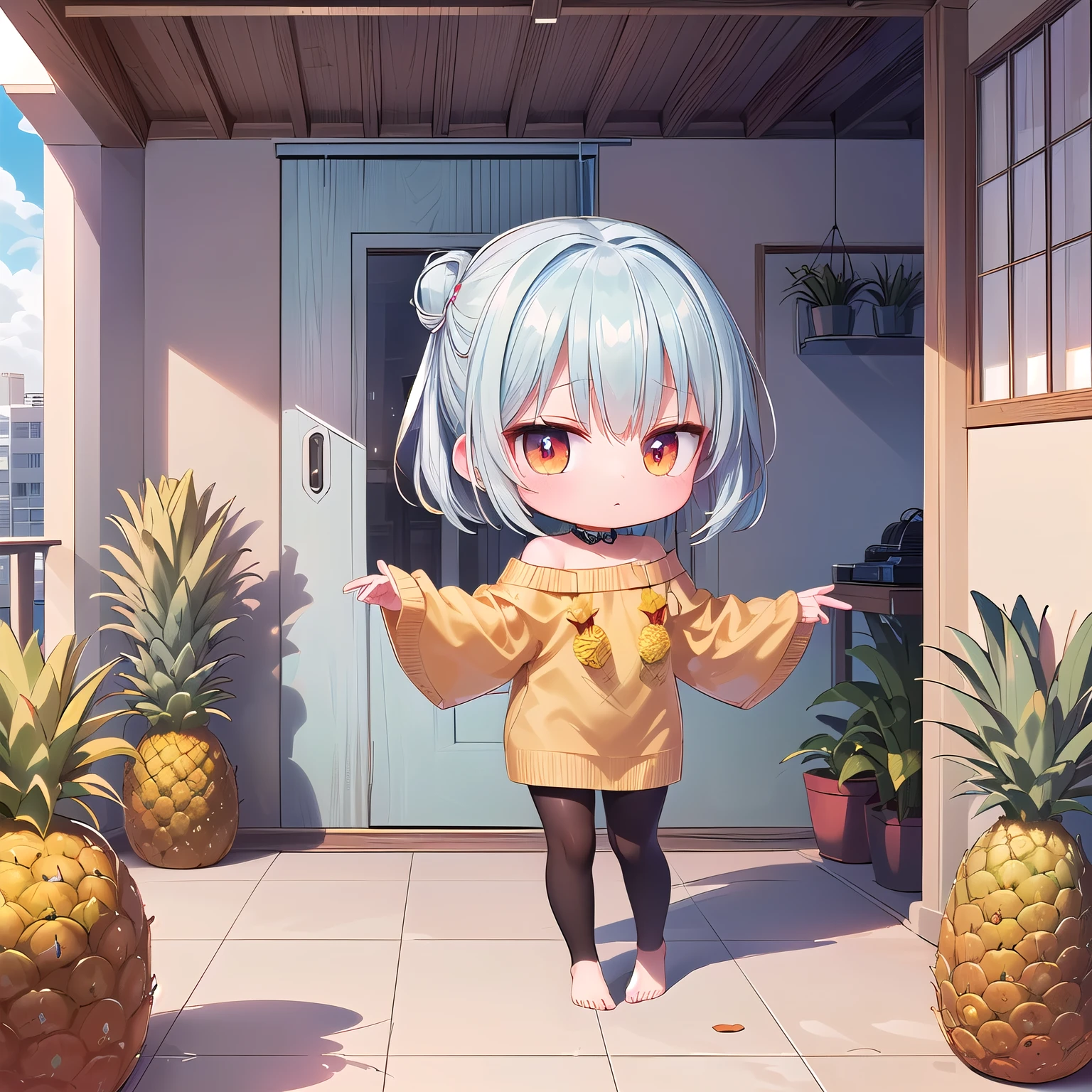 (Chibi, Pineapple, one girl: 1.4), (Masterpiece, almond-shaped eyes, glossy white-blue hair, short chignon hair, top quality, carefully drawn fingertips, beautiful anatomy, side view, full body : 1.4), (Red cheeks, indifference, no expression, hair blowing in the wind: 1.2), (Slim and warm clothes, baggy clothes, one shoulder sweater,one piece, Celebrity Lifestyle, Black Tights, take off, poncho ,bere foot: 1.2), (Elegant morning ,break first: 1.3), (very spacious bedroom,blind ornamental plants, leaning on your elbows and looking at the scenery, Pineapple Building, super gorgeous live view :1.3)