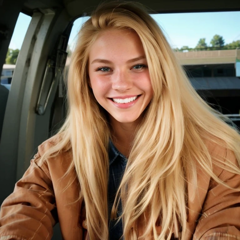 Attractive young woman, honey blonde hair, pretty smile, at a state fair, denim button down shirt, denim shorts