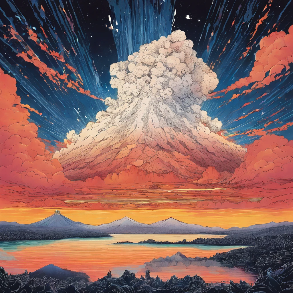Volcan, Flammes, Dieu illumine le ciel, nostalgique, exposition d'éclairage annuelle, cumulonimbus, éclairage volumétrique, grand ciel, population qui vole, lasers.