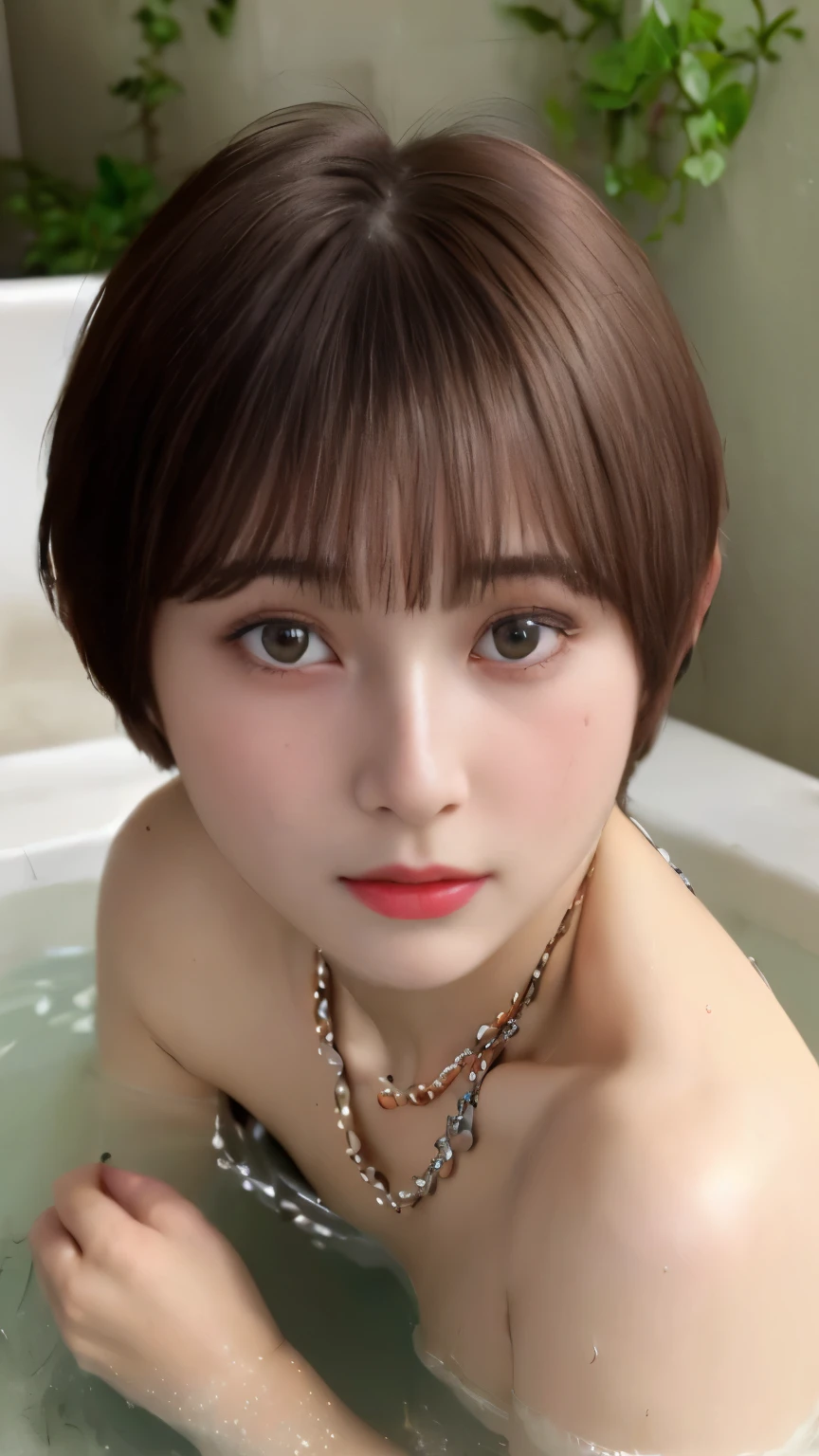 ((top-quality)),(masterpiece:1.4),Raw photography,8K,((Top image quality)),((hight resolution)),Beautiful face in every detail,Realistic human skin,Gentle expression,(One lady:1.3 ),realisitic,Photorealsitic,(extra very short hair:1.4),(Beautuful Women),(cute Japanese girls),(boyish:1.3),(mannish),((Pretty Woman)),(Beautiful hair),((dark brown hair)),(((Red cheeks))),((Her eyes are big)),20-year-old beauty,(her face is small:1.7),small head,((long neck)),pale skin,Spot-free skin,With bangs,Everyone longs for,japanese beautiful woman,(a necklace) ,Squatting ,in the bath ,skinny body ,Sweat ,wet,face focus ,look at viewer