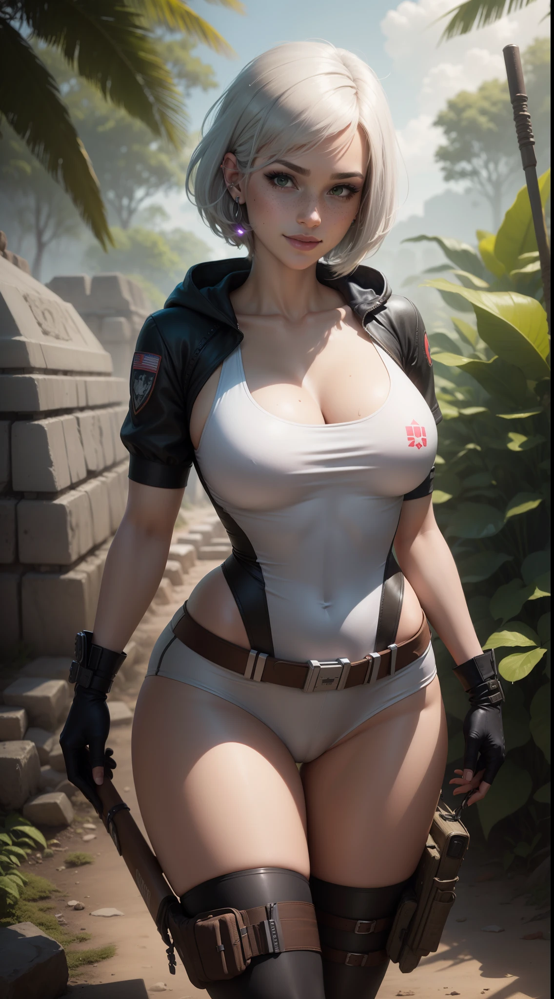 gwen tennyson,yorha 2b,android 18,dva,lara croft,overwatch,tomb raider,close up,mayan jungle ruins,tattoos,purple plugsuit,white short sleeve military leotard,sleeveless military hoodie,tight demin leggings,military harness,short hair,punk makeup,green eyes,multicolored silver hair,military gloves,sexy smile,freckles,beautiful girl,tall military boots,large breasts,8k, ultra detailed,realistic,fantasy art,fighter stance,military uniform,hair pin,ear piercings,(weather:windy),1girl,military gear,wet shirt,