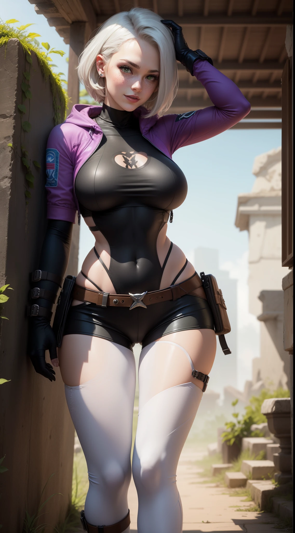 gwen tennyson,yorha 2b,android 18,dva,lara croft,overwatch,tomb raider,close up,mayan jungle ruins,tattoos,purple plugsuit,white short sleeve military leotard,sleeveless military hoodie,tight demin leggings,military harness,short hair,punk makeup,green eyes,multicolored silver hair,military gloves,sexy smile,freckles,beautiful girl,tall military boots,large breasts,8k, ultra detailed,realistic,fantasy art,fighter stance,military uniform,hair pin,ear piercings,(weather:windy),1girl,military gear,wet shirt,