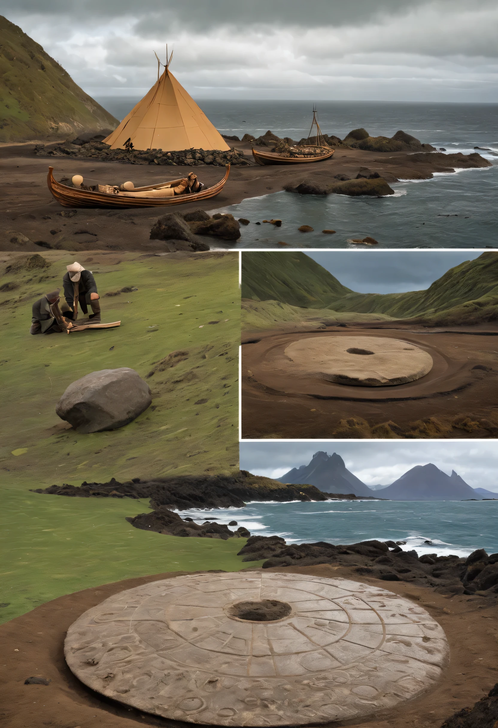 Viking research in the context of South America:
Time and situation: 2018, hallazgo de un artefacto vikingo en la costa de Chile. Visual representation of discoveries and research..
Illustration details:
Descubrimiento del Artefacto:
Escena detallada que capture el momento del descubrimiento del artefacto vikingo en la costa de Chile, highlighting the archaeologists and the importance of the find.
Investigaciones en Marcha:
Visual representation of ongoing research into the Viking artifact., showing archaeologists examining the millstone and carrying out analysis to confirm its origin.
Viking connection in South America:
Focus on the possibility of a Viking connection in South America, highlighting the importance of the research and the need to confirm the hypothesis through additional analysis.
Estilo y Calidad Realista:
Visually authentic and realistic style that reflects the contemporary era and the excitement of archaeological discovery., using precise colors and details to convey the historical importance of the find.
Illustration position:
Composition that highlights the fascinating possibility of the Viking presence in South America, Provide a realistic view of current research and discoveries..