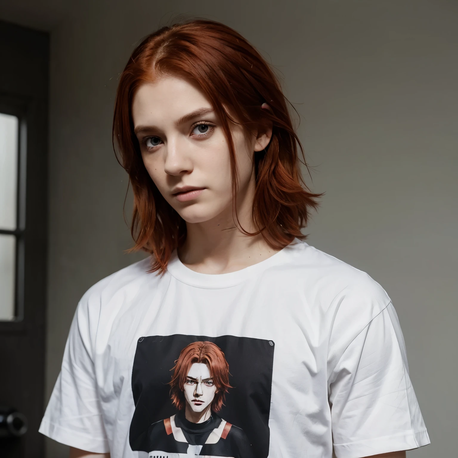 Create a character (human) with red hair, dark circles under the eyes, the character must be light white skin, and he must also be dressed in black, on the shirt is written "Terrible", with anime graphics
