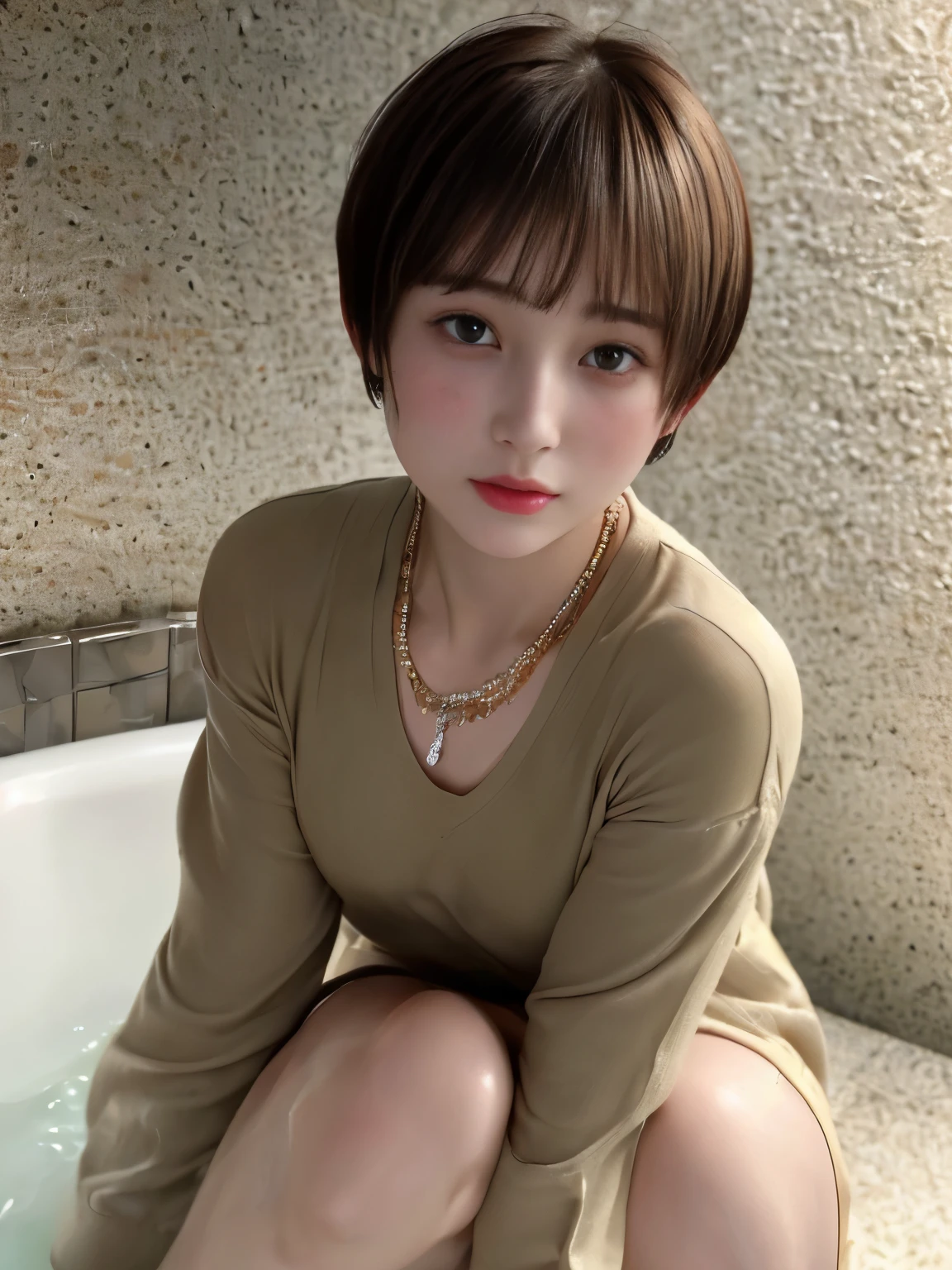 ((top-quality)),(​masterpiece:1.4),Raw photography,8K,((Top image quality)),((hight resolution)),Beautiful face in every detail,Realistic human skin,Gentle expression,(One lady:1.3 ),realisitic,Photorealsitic,(extra very short hair:1.4),(Beautuful Women),(cute Japanese girls),(boyish:1.3),(mannish),((Pretty Woman)),(Beautiful hair),((dark brown hair)),(((Red cheeks))),((Her eyes are big)),20-year-old beauty,(her face is small:1.7),small head,((long neck)),pale skin,Spot-free skin,With bangs,Everyone longs for,japanese beautiful woman,(Squatting ,in the bath ,)(skinny body ,Sweat ,wet), (hand between legs ,Spread legs, heavy breathing face focus ),look at viewer