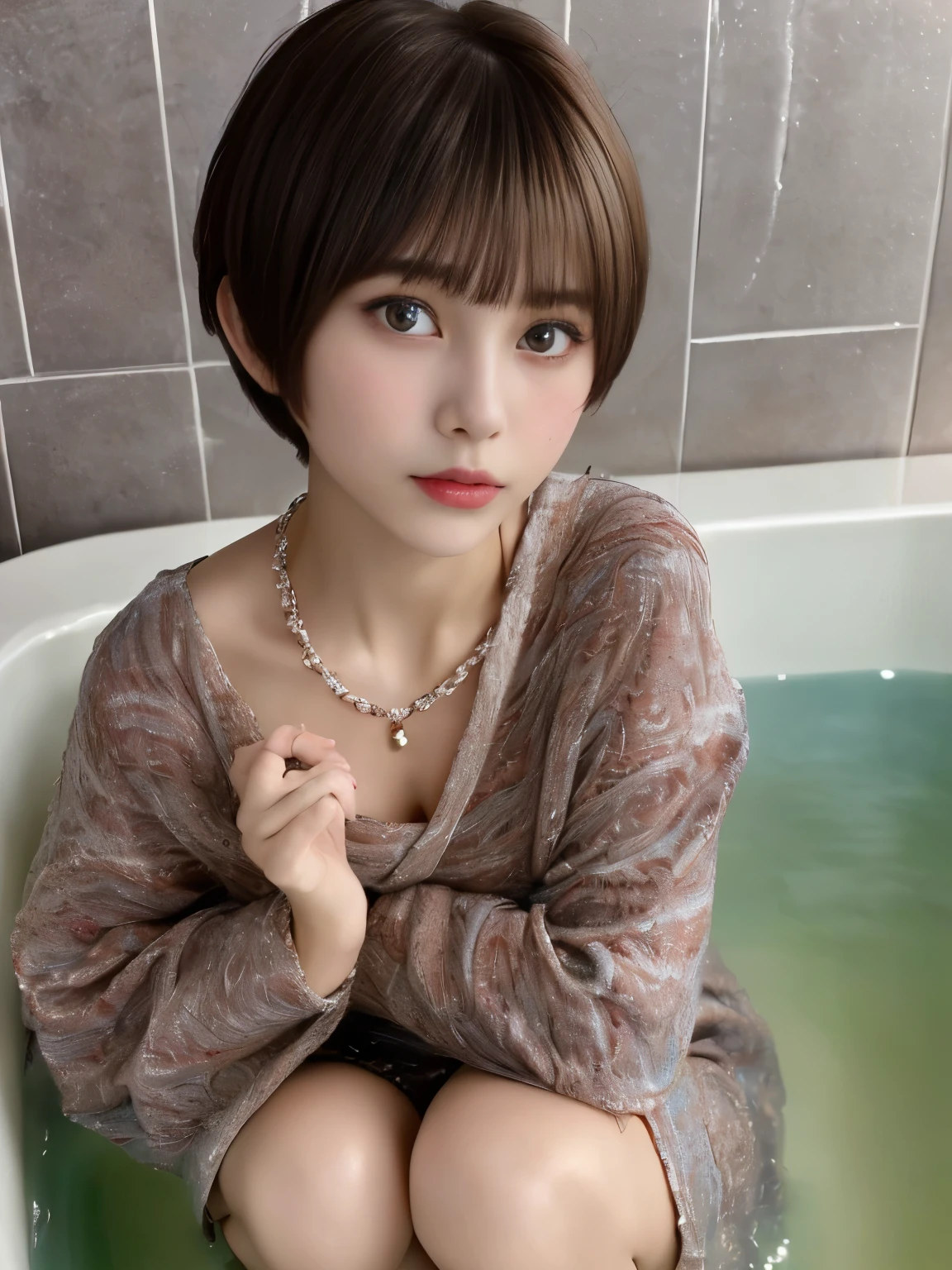 ((top-quality)),(masterpiece:1.4),Raw photography,8K,((Top image quality)),((hight resolution)),Beautiful face in every detail,Realistic human skin,Gentle expression,(One lady:1.3 ),realisitic,Photorealsitic,(extra very short hair:1.4),(Beautuful Women),(cute Japanese girls),(boyish:1.3),(mannish),((Pretty Woman)),(Beautiful hair),((dark brown hair)),(((Red cheeks))),((Her eyes are big)),20-year-old beauty,(her face is small:1.7),small head,((long neck)),pale skin,Spot-free skin,With bangs,Everyone longs for, cut model ,japanese beautiful woman,(lying ,in the bath ,)(((skinny body ,Sweat ,wet, navel focus))), ((off-the-shoulder top ,low rise pants)),((Armpits , look at viewer, face focus , face closeup, dimly lit)),
