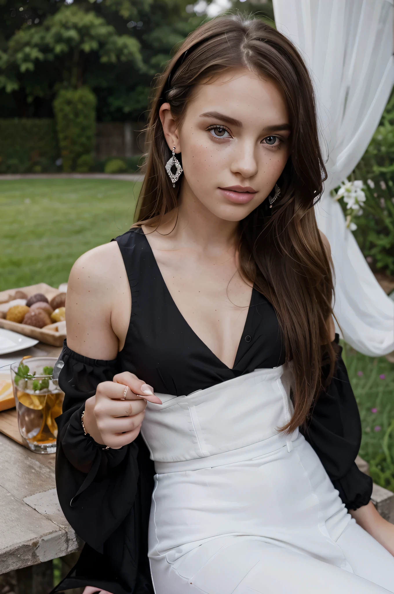 A portrait of a young beautiful Irish girl, (freckles:0.9), glossy pink lips, black dress and white jeans, diamond earrings, outdoor setting, dimensional dark brown highlights hairstyle, in the style of Mario Testino