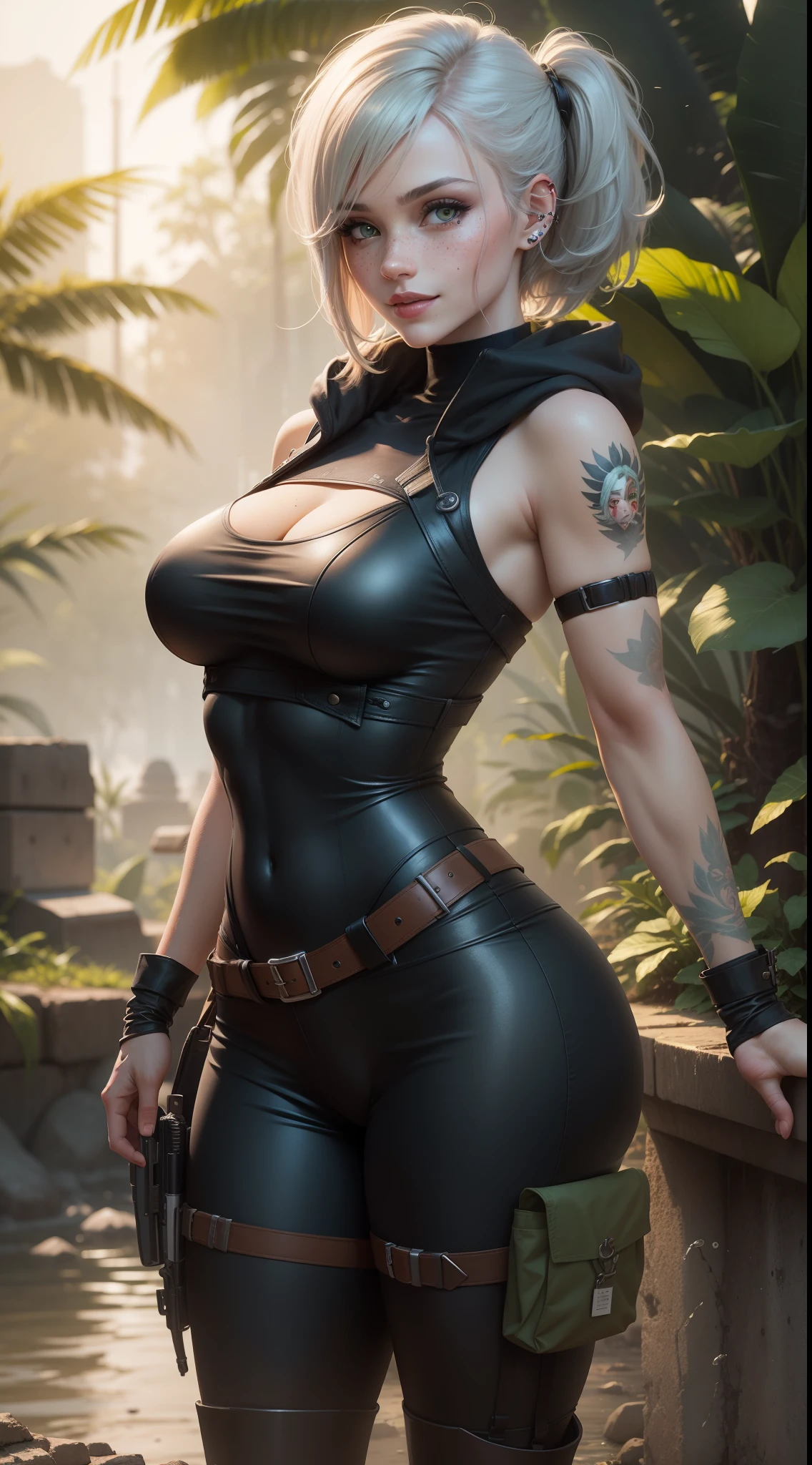 gwen tennyson,yorha 2b,android 18,dva,lara croft,overwatch,tomb raider,close up,mayan jungle ruins,tattoos,orange plugsuit,white short sleeve military leotard,sleeveless military hoodie,cargo leggings,military harness,short hair,punk makeup,green eyes,multicolored silver hair,military gloves,sexy smile,freckles,beautiful girl,tall military boots,large breasts,8k, ultra detailed,realistic,fantasy art,fighter stance,military uniform,hair pin,ear piercings,(weather:windy),1girl,military gear,wet shirt,