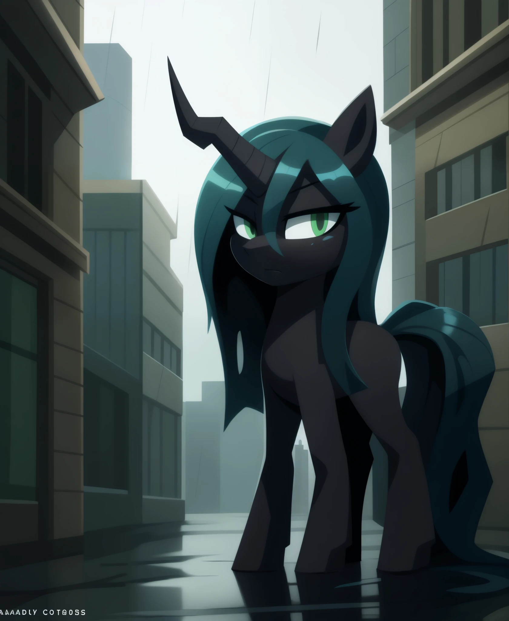 queen chrysalis, , changeling mare, grey, green eyes, detailed, city, rain, mare, serious, cool, beautiful, closed mouth, female