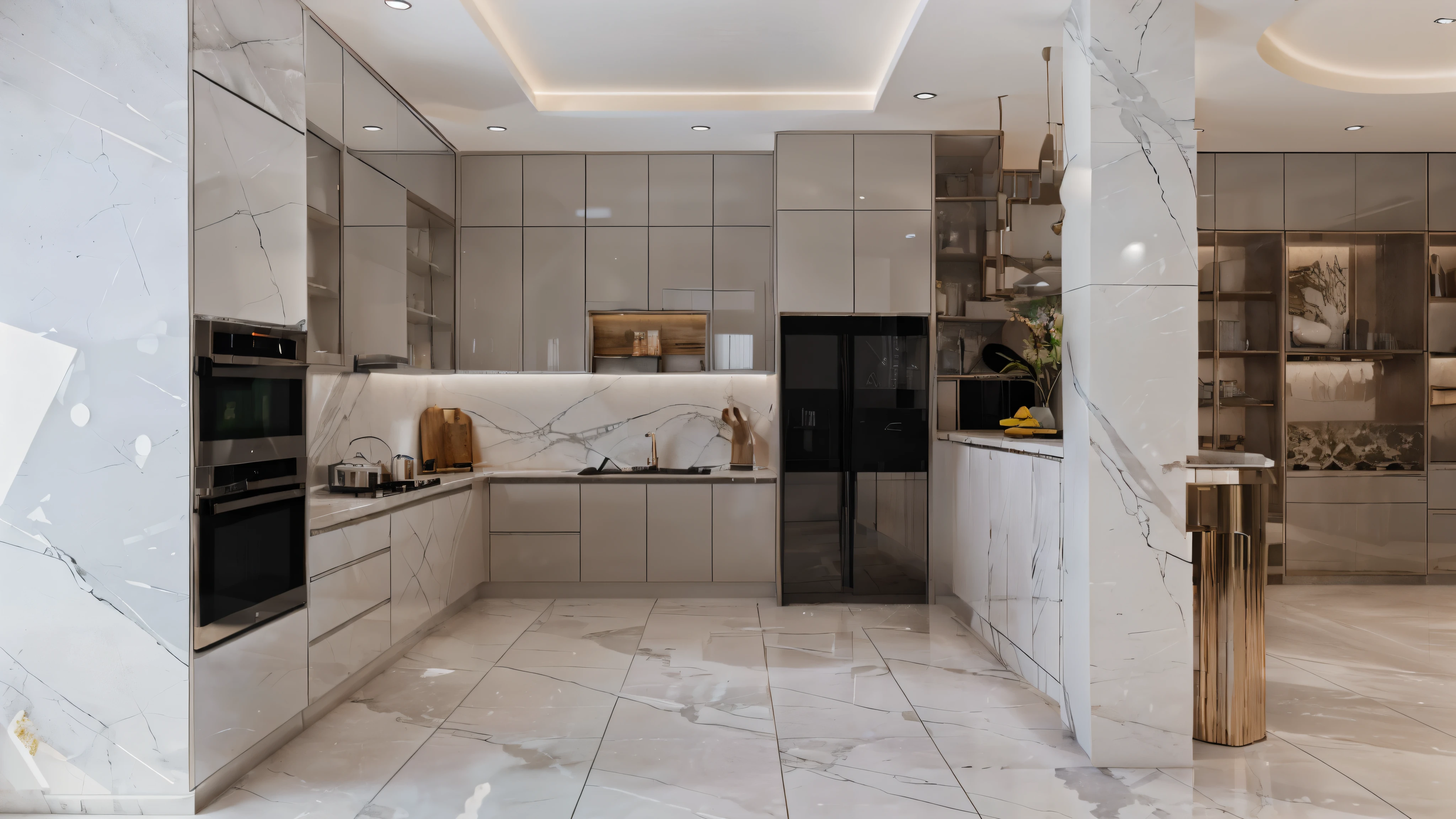 a view of a kitchen with a marble floor and a marble counter top, modern style, elegant render, glossy surface, realistic 3 d style, kitchen, excellent 3d render, with vray, modern look, v ray, stuning 3 d render, render in vray, high gloss, all marble, realistic style, residential design, professional render, render vray