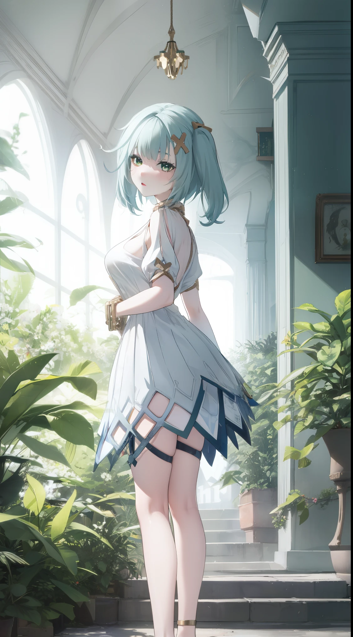 faruzan, aqua hair, blunt bangs, cowlick, (green eyes:1.5), hair between eyes, hair ornament, long hair, (symbol-shaped pupils:1.5), (triangle-shaped pupils:1.5), twintails, x hair ornament, (Beautiful,Huge_Breasts:1.3),
BREAK
, 1girl, solo, Standing in the garden, full body, full figure,
BREAK
, Garden,
BREAK
, bangle, bare shoulders, bracelet, dress, jewelry, short sleeves, shiny clothes,
BREAK
, official art, extremely detailed CG unity 8k wallpaper, perfect lighting, Colorful, (best_quality:1.0), ultra high res,4K, ultra-detailed, 8K, HDR, high resolution, absurdres:1.2, film grain, blurry background, (vibrant_color:1.2), (beautiful_face:1.5), (narrow waist),