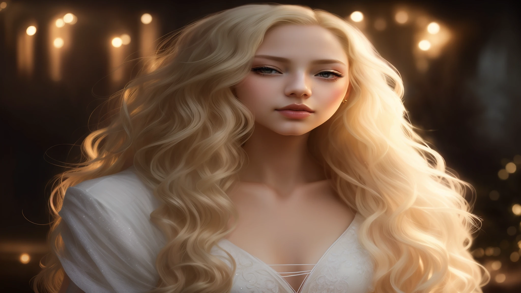 a close up of a woman with long blonDe hair anD a white Dress, pale skin curly blonD hair, in bowater art style, beautiful fantasy art portrait, hyperrealistic fantasy art, long shiny ethereal hair, beautiful fantasy portrait, gorgeous Digital painting, fantasy portrait art, curly blonDe hair | D & D, realistic fantasy painting, fantasy portrait, Realistic fantasy illustrations, blacpink jennie
