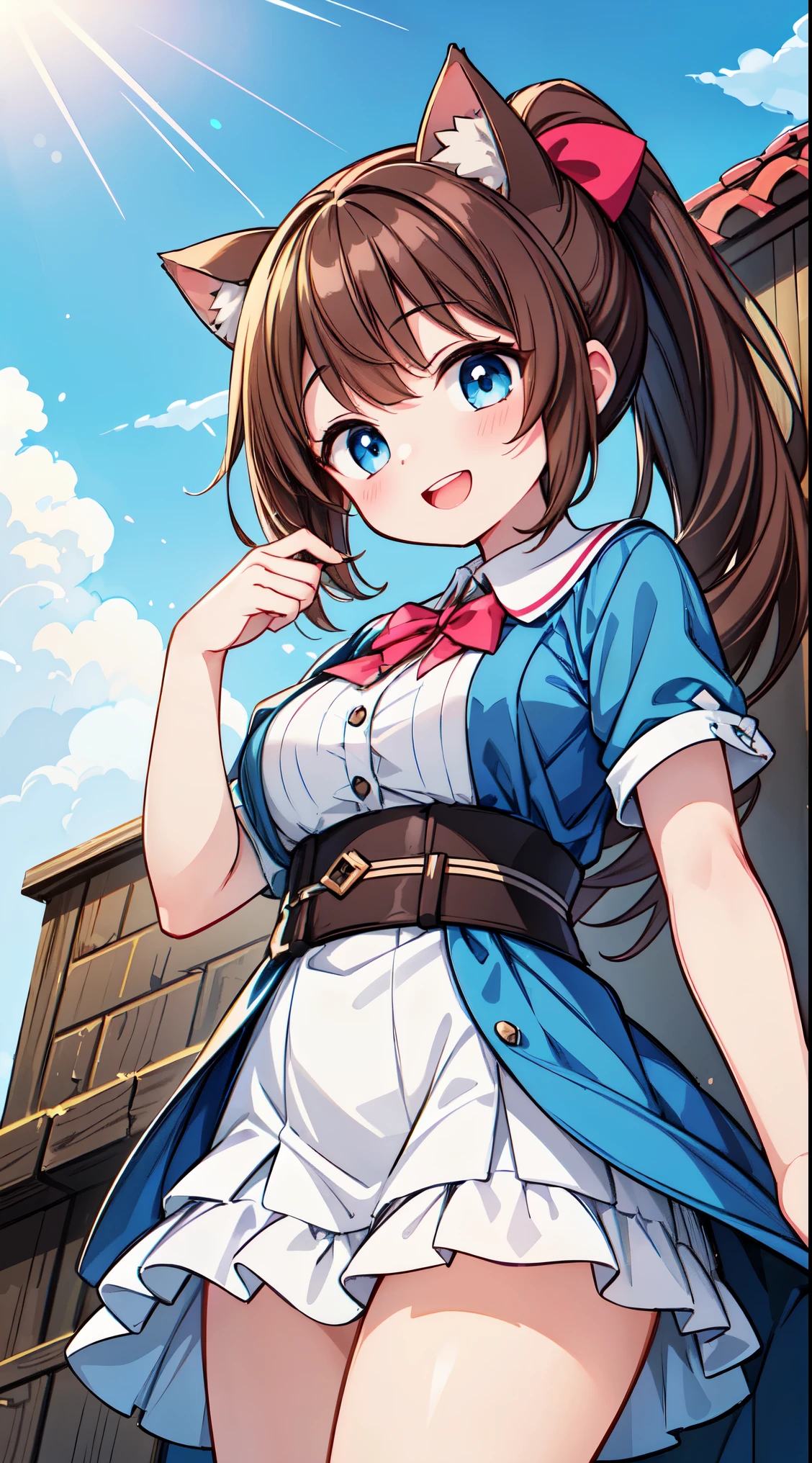 (super fine illustration:1.2),(masterpiece, 8k), (best quality, high quality:1.4), perfect anatomy, hyper detailed, ultra detailed,masterpiece background,beautiful detailed background, v8k wallpaper,perfect design,award-winning art,atmospheric, BREAK, 1 beautiful girl, (17 years old girl),Solo,(Cute:1.5),(Chibi:0.6),(kawaii:1.5),(:0.5),BREAK,1 beautiful girl, (17 years old girl), Very detailed, colourfull, highest details, BREAK, (Huge breasts: 1. 2), Clear skin, Beautiful skin, Shy skin, 1 beautiful girl, (Brown hair:1.75), (Cat ears, Ponytail, medium-Long hair: 1. 2), (Light blue eyes, long eyelashes, Double eyelids: 1. 2),Solo,gleaming skin, Clear skin, Beautiful skin,(best quality face),(Top quality glowing eyes),(The best smile,:D:1.45), nose blush, sleepy, grin, open mouth,
//Character
1girl,
BREAK
tearing apart clouds and eating them like cotton candy, the clouds come out of a chimney
,overexposure, (backlighting:0.8), refraction, floating,
BREAK,wakame,wakame,wakame, (from below:1.2), cowboy shot,
BREAK,(Blurry background:1.3),(absurderes, hight resolution, Super Detail Art),cel shading,Clear Color, Lonely optical effect, Beautiful pictures, Bright glow, mystic atmosphere,Mystical light particle effect,manga influence, clean line drawings,