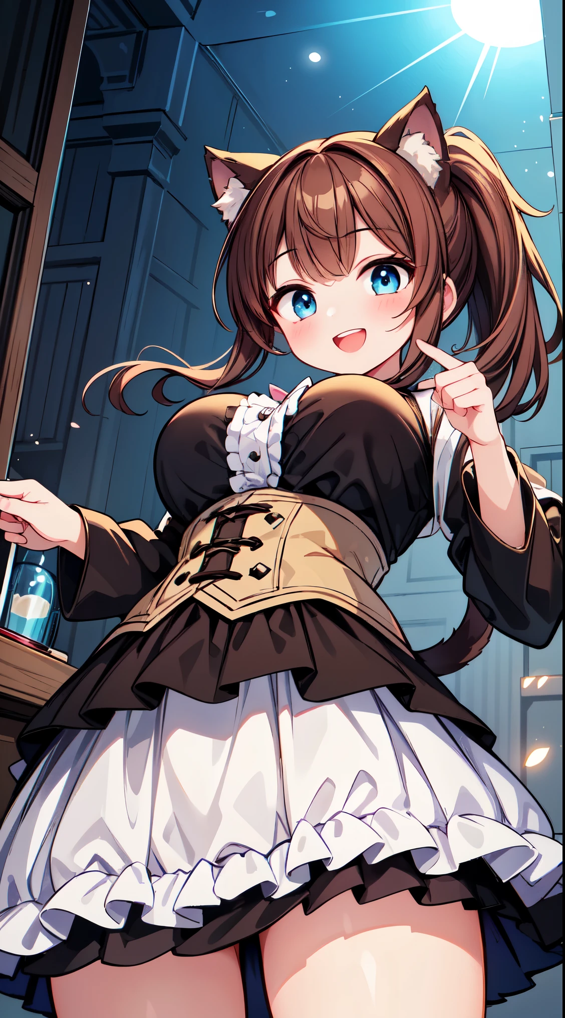 (super fine illustration:1.2),(masterpiece, 8k), (best quality, high quality:1.4), perfect anatomy, hyper detailed, ultra detailed,masterpiece background,beautiful detailed background, v8k wallpaper,perfect design,award-winning art,atmospheric, BREAK, 1 beautiful girl, (17 years old girl),Solo,(Cute:1.5),(Chibi:0.6),(kawaii:1.5),(:0.5),BREAK,1 beautiful girl, (17 years old girl), Very detailed, colourfull, highest details, BREAK, (Huge breasts: 1. 2), Clear skin, Beautiful skin, Shy skin, 1 beautiful girl, (Brown hair:1.75), (Cat ears, Ponytail, medium-Long hair: 1. 2), (Light blue eyes, long eyelashes, Double eyelids: 1. 2),Solo,gleaming skin, Clear skin, Beautiful skin,(best quality face),(Top quality glowing eyes),(The best smile,:D:1.45), nose blush, sleepy, grin, open mouth,

//Character
1girl,
BREAK

tearing apart clouds and eating them like cotton candy, the clouds come out of a chimney
,overexposure, (backlighting:0.8), refraction, floating, 

BREAK,wakame,wakame,wakame, (from below:1.2), cowboy shot,


BREAK,(Blurry background:1.3),(absurderes, hight resolution, Super Detail Art),cel shading,Clear Color, Lonely optical effect, Beautiful pictures, Bright glow, mystic atmosphere,Mystical light particle effect,manga influence, clean line drawings, 