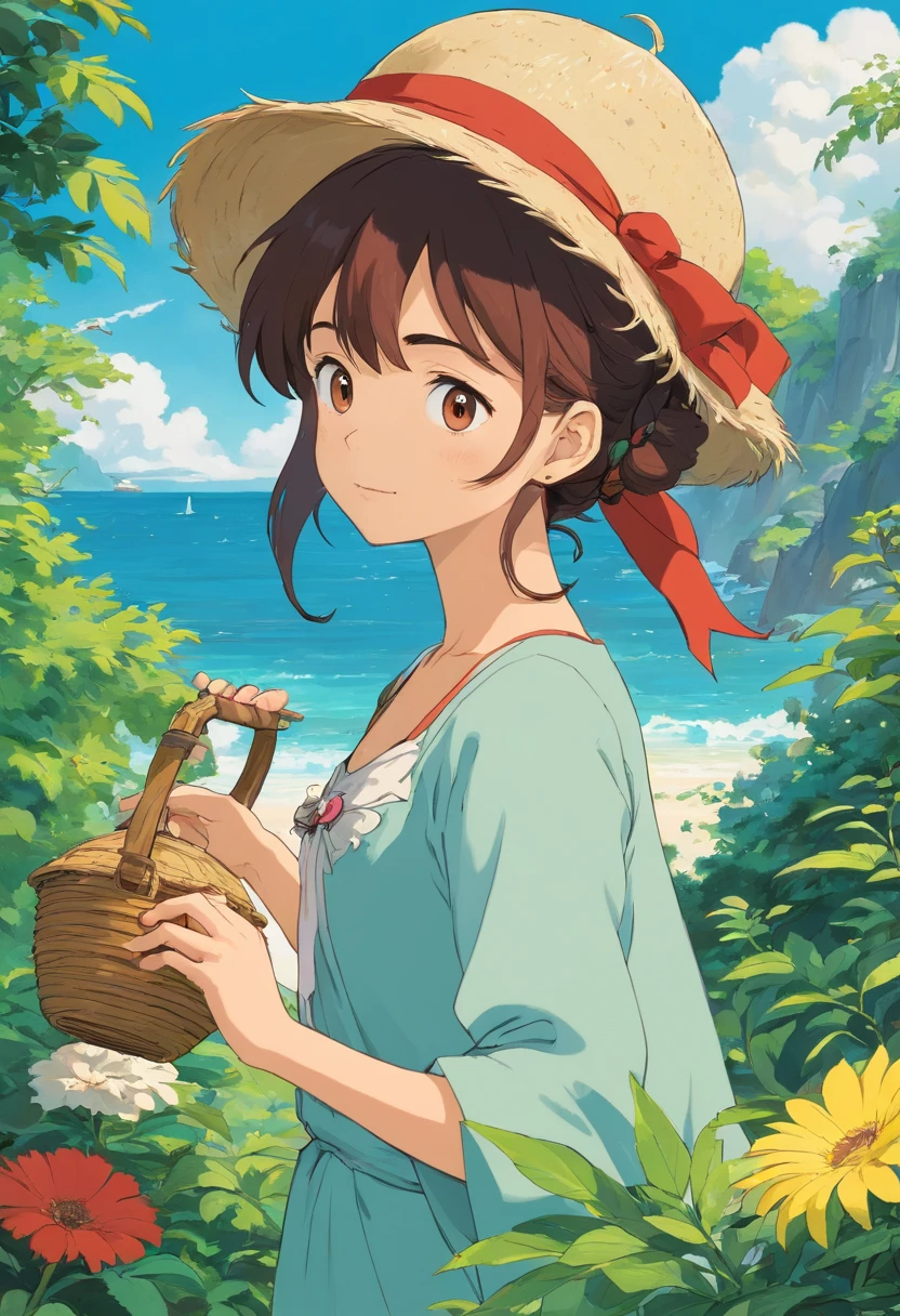 Un garçon amusé portant un chapeau de paille, un long collier et des boucles d'oreilles, dans le style des jardins tranquilles, fond avec bateau pirate, ;animation colorées, masami teraoka, feux d'artifices autour de lui, tempête.