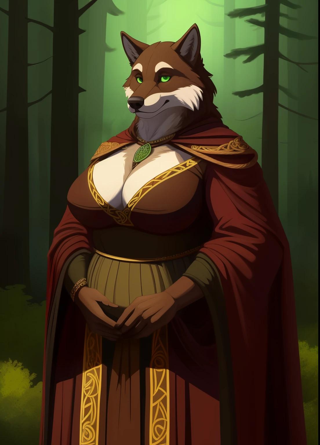 Tall_athletic_mature_wolf slightly_chubby female dark_brown_two-toned_furry_body green_eyes very_fluffy medieval_gown solo Masterpiece best_quality absurdres highly_detailed well_drawn_eyes anthro_only foggy_forest by_greasymojo by_runawaystride portrait Celtic_markings
