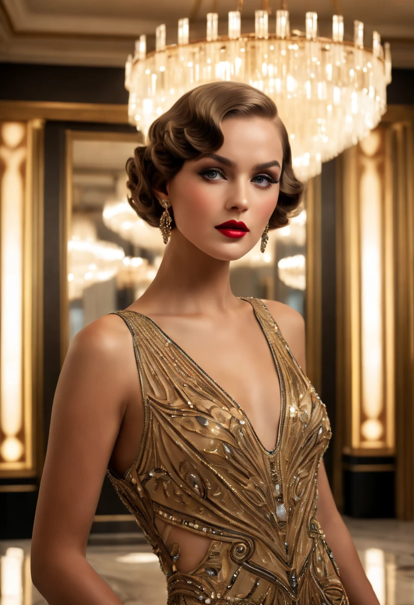 (best quality,4k,8k,highres,masterpiece:1.2),ultra-detailed,(realistic,photorealistic,photo-realistic:1.37),art deco, vibrant colors, shining gold, geometric patterns, luxurious interiors, elegant curves, intricate details, ornamental motifs, stylish fashion, vintage glamour, Gatsby era, opulence, jazz age, lavish parties, flapper dresses, beaded accessories, sleek architecture, symmetrical designs, reflective surfaces, iconic furniture, elaborate chandeliers, sleek automobiles, glamorous lifestyle, extravagant soirées