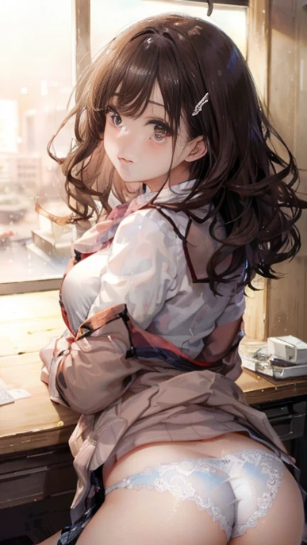 ((table top, highest quality, High resolution, nffsw, perfect pixel, 4K, nffsw, nffsw))), 1 girl, single, alone, beautiful woman、I could see the whole body、 ((middle wavy hair, bangs, brown hair)), ((brown eyes, beautiful eyelashes, realistic eyes)), ((detailed face, blush:1.2)), ((smooth texture:0.75, realistic texture:0.65, realistic:1.1, Anime CG style)), medium breasts, dynamic angle, perfect body, ((red bow tie, school uniform, black jacket, open jacket, Brown cardigan, white shirt, black skirt, plaid skirt)), City staircase、Angle looking up from the bottom of the stairs、Very embarrassing panic smile, looked back、leaning forward、(The wind flipped my skirt and exposed my butt....................、Touching the buttocks with both hands、White floral lace panties)、