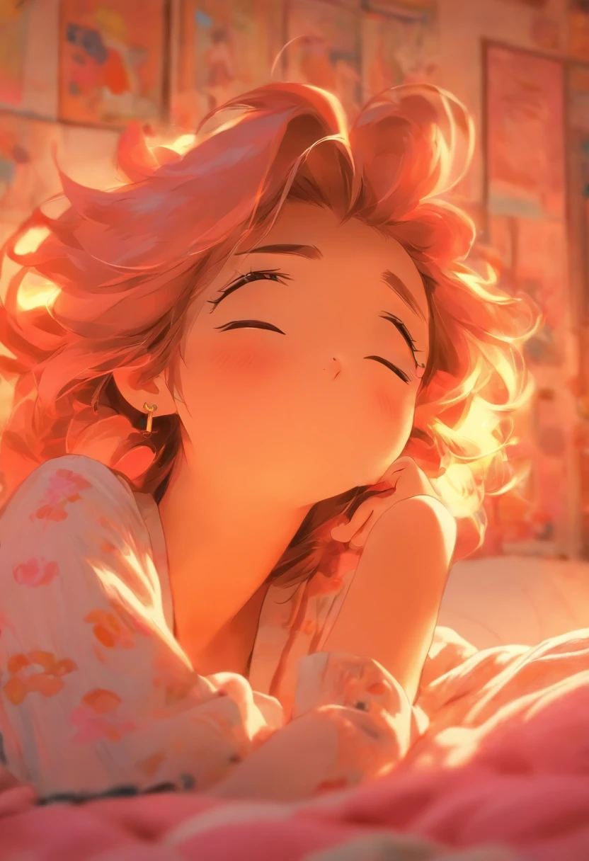 (Young woman) Bedroom, pink decor, Girl&#39;s bedroom, Young woman в соблазнительной пушистой пижаме, generate income, Red tousled hair, Detailed eyes, detailed lips, Detailed face, full view, sleepy expression on her face, Warm, but sexy atmosphere